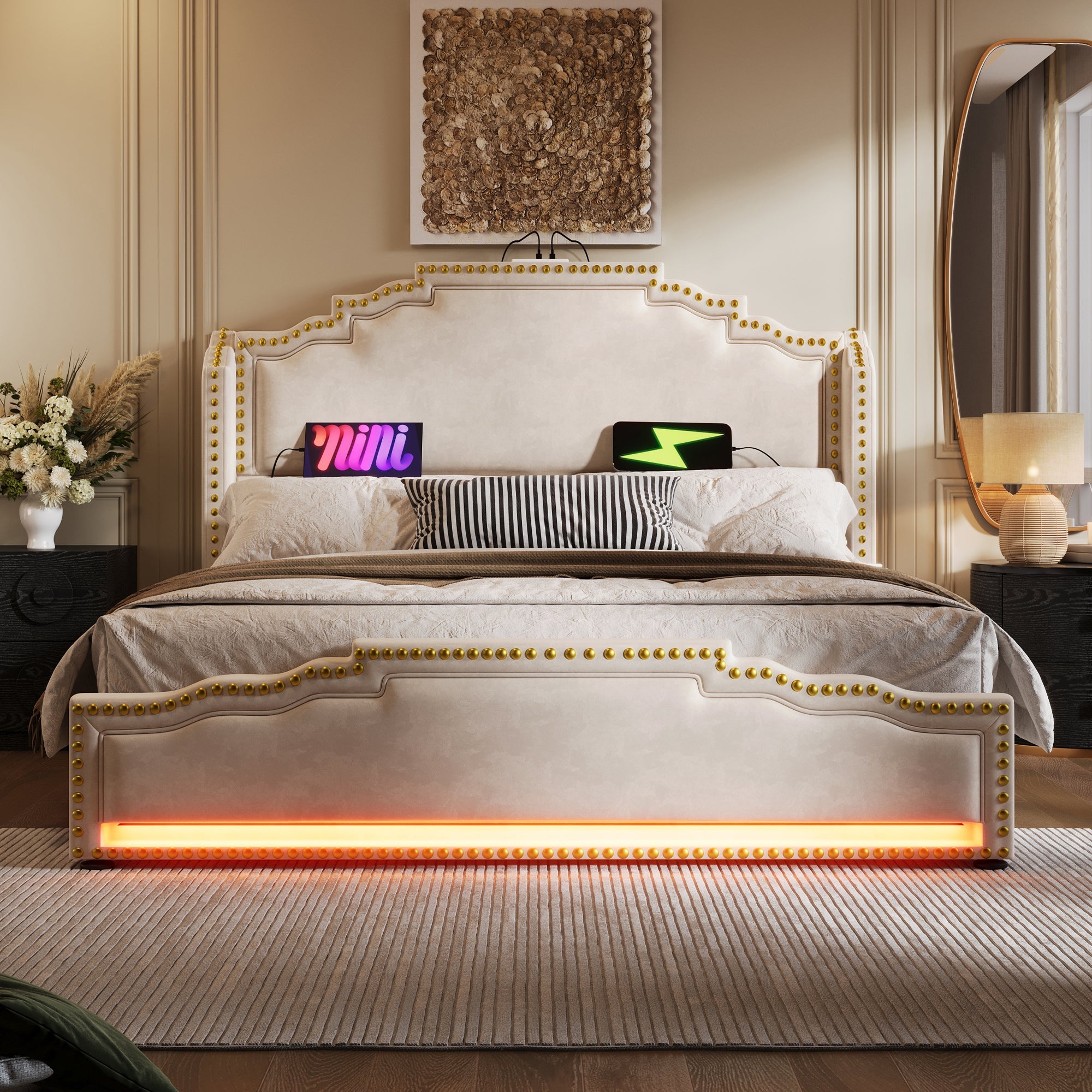 Logidon gestoffeerd bed 140x200 beige LED USB C 4 lades met matras