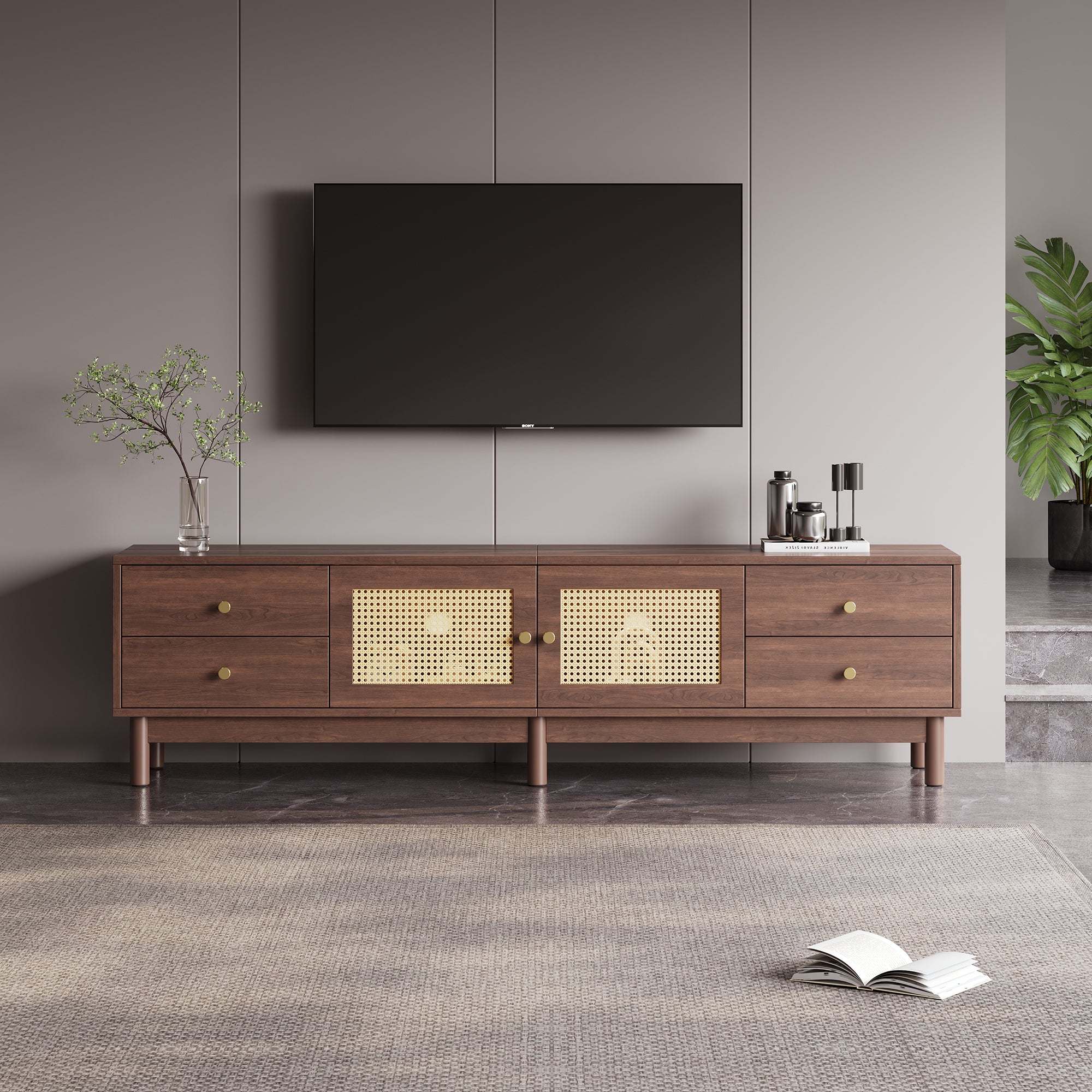 Logidon TV cabinet 180 cm dark wood look rattan doors cable management