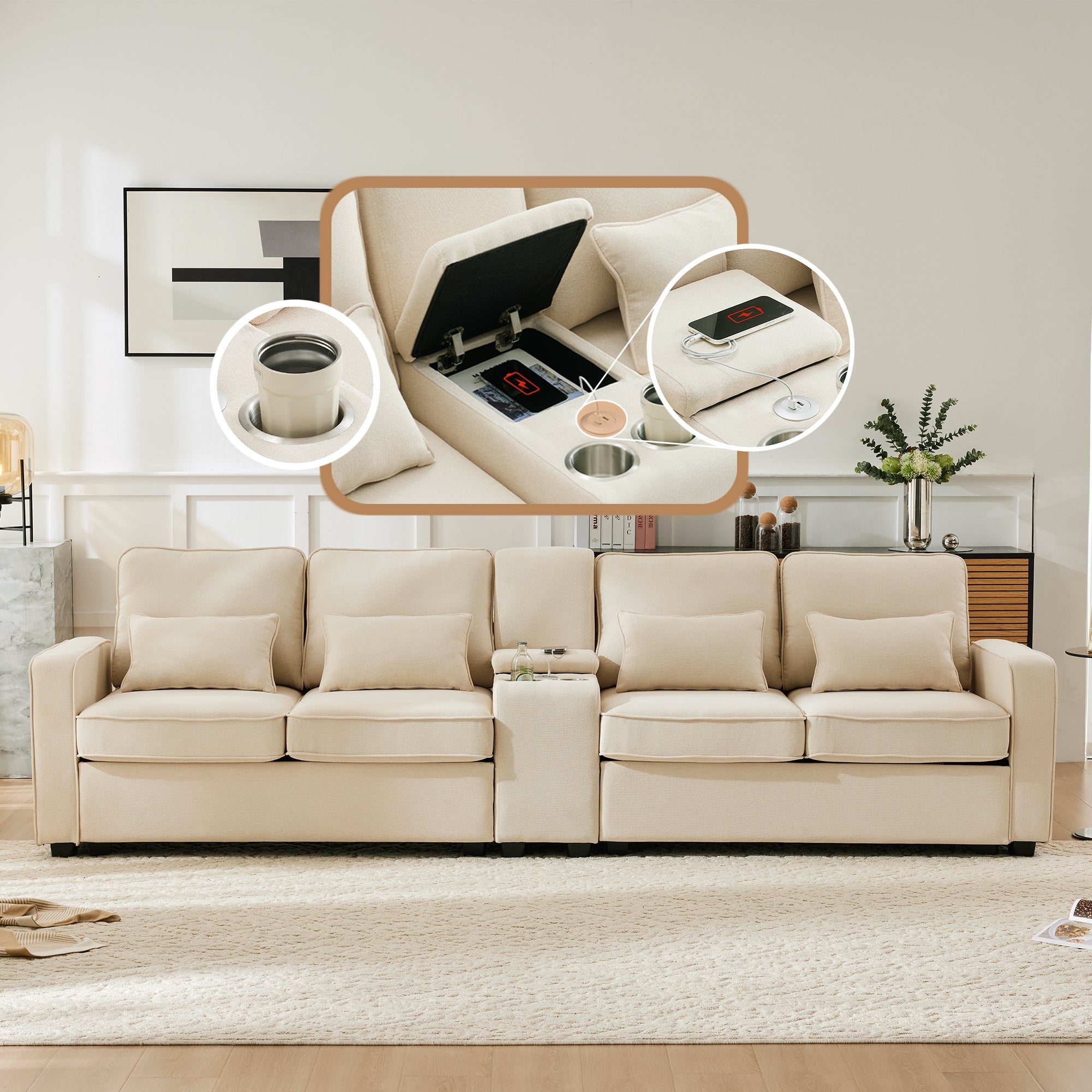 Logidon moderne 4-zitsbank gemaakt van beige linnen stof met console