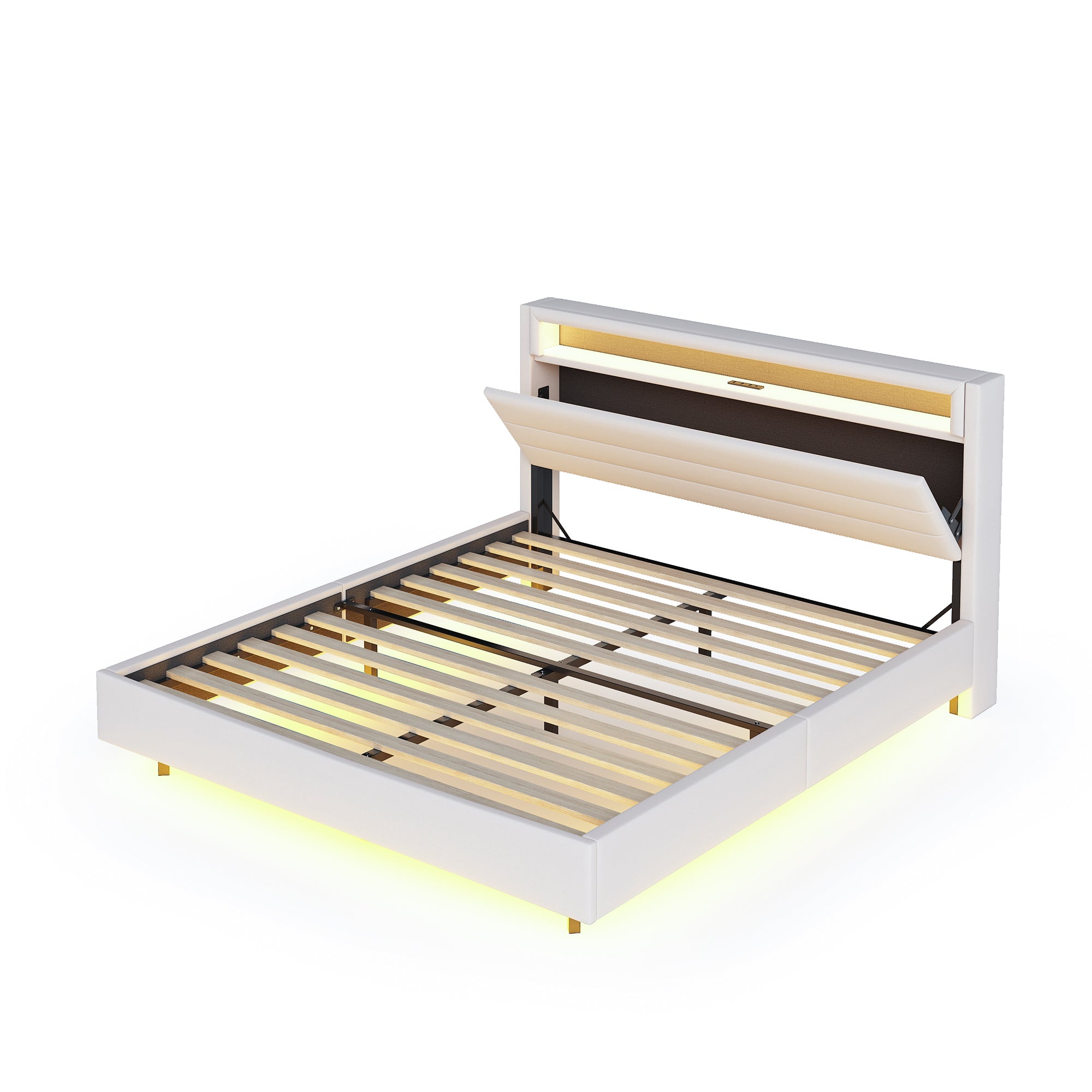 Logidon gestoffeerd bed 140x200 cm met USB oplaadpunt en LED lichtbeige