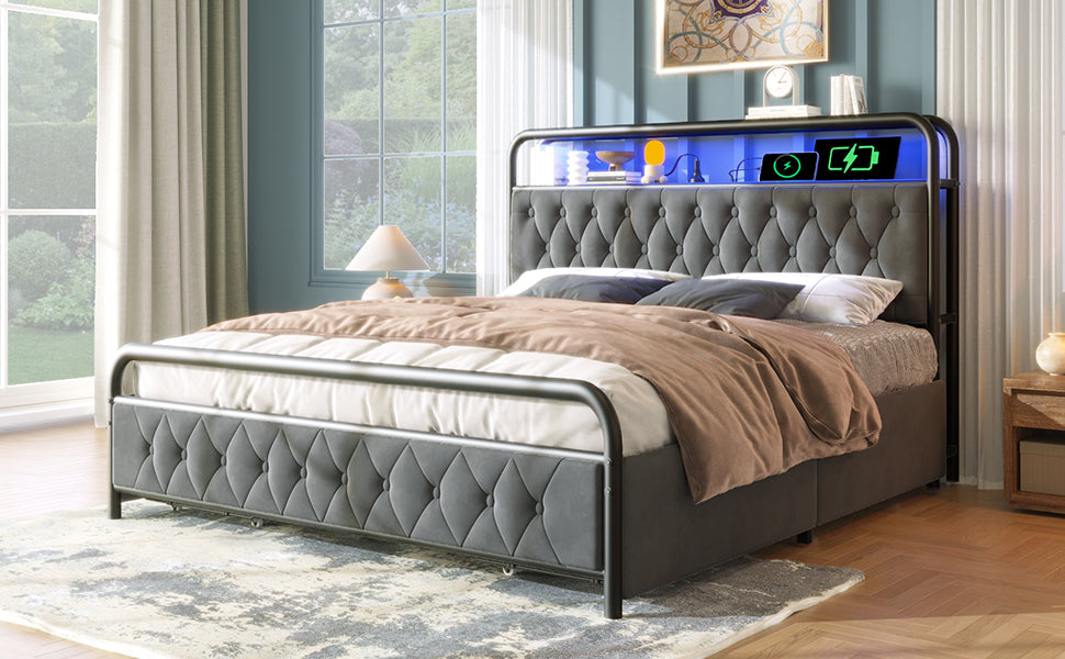 Logidon gestoffeerd bed 160x200 grijs USB-C oplaadfunctie LED-bediening