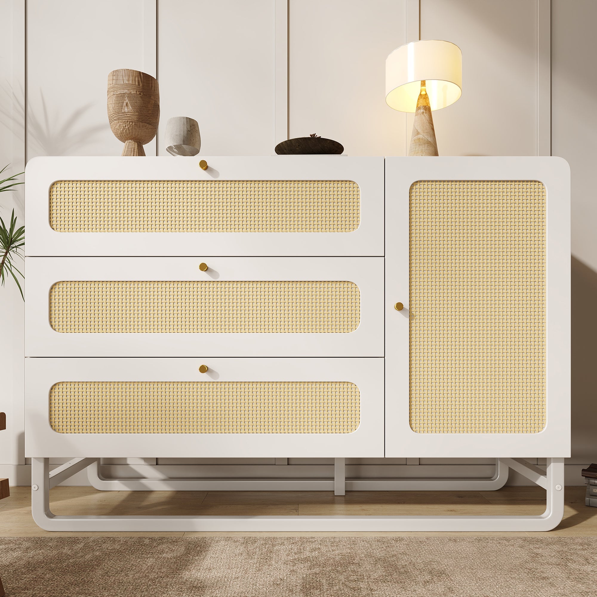 Logidon ladekast met rotan en gouden handgrepen wit 3 lades 1 deur
