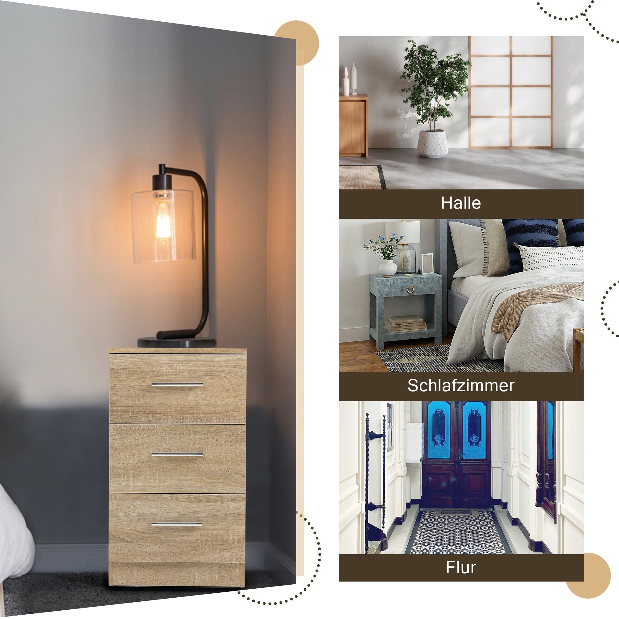 Logidon nachtkastjes set van 2 spaanplaat naturel 3 lades