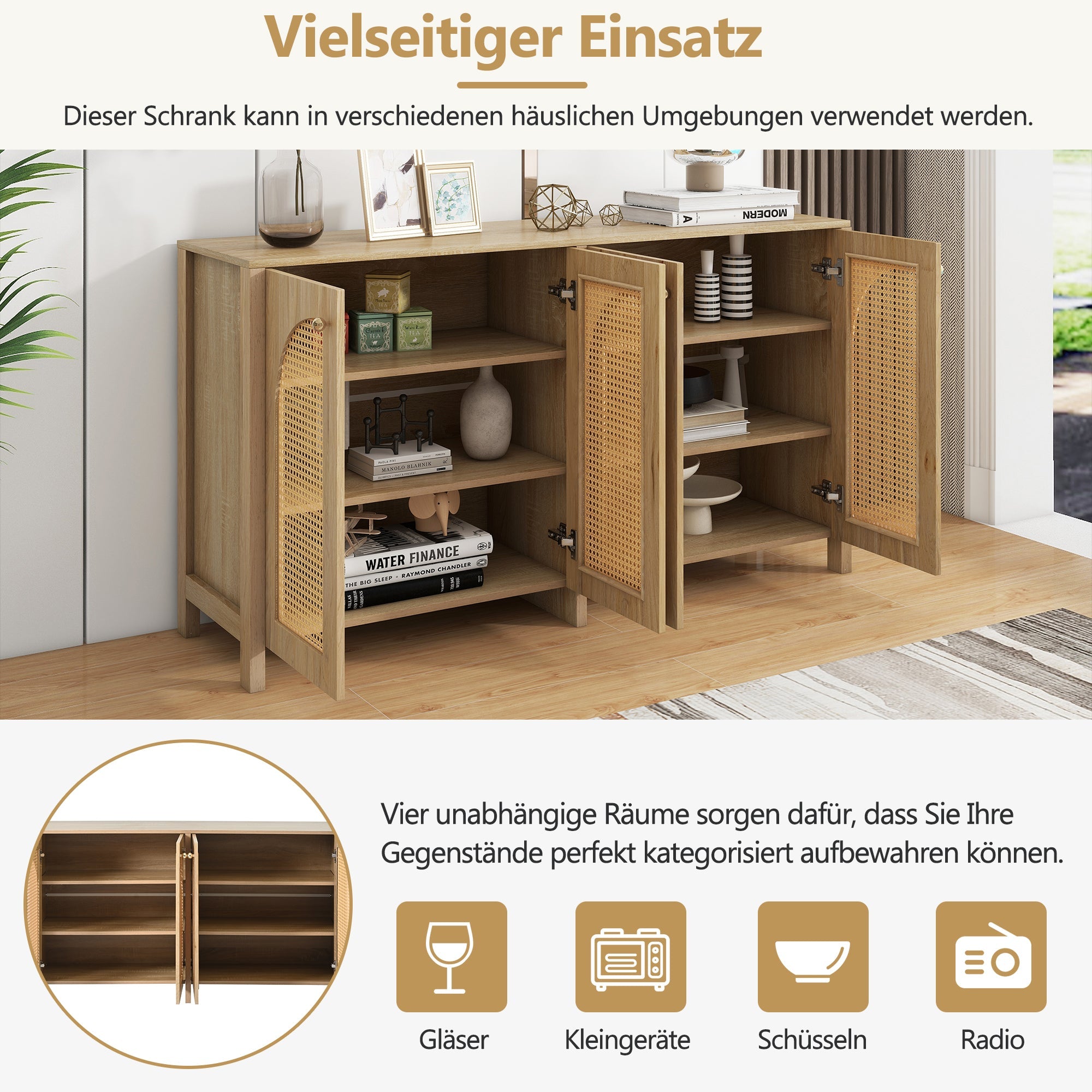 Logidon Dressoir 145x40x80 cm met vier rotan deuren natuurlijk hout