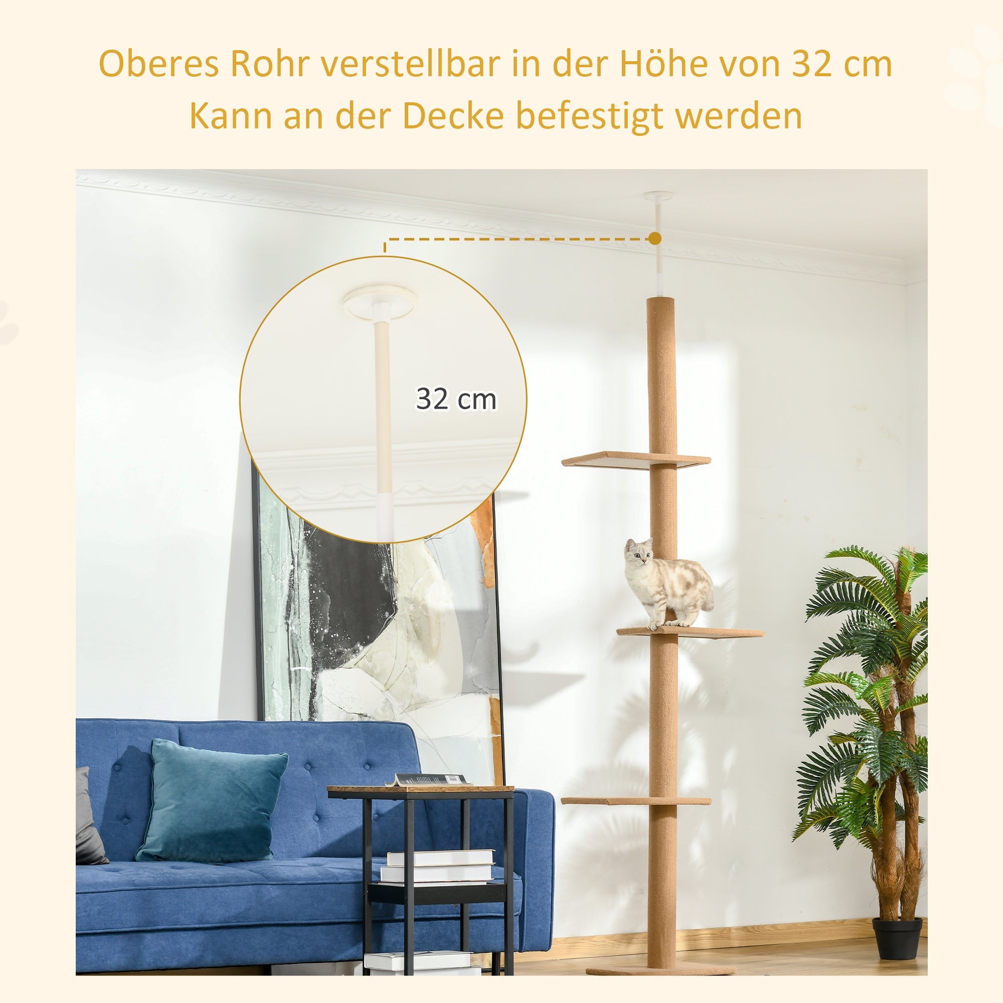 Logidon In hoogte verstelbare kattenkrabpaal lichtbruin 228 tot 260 cm
