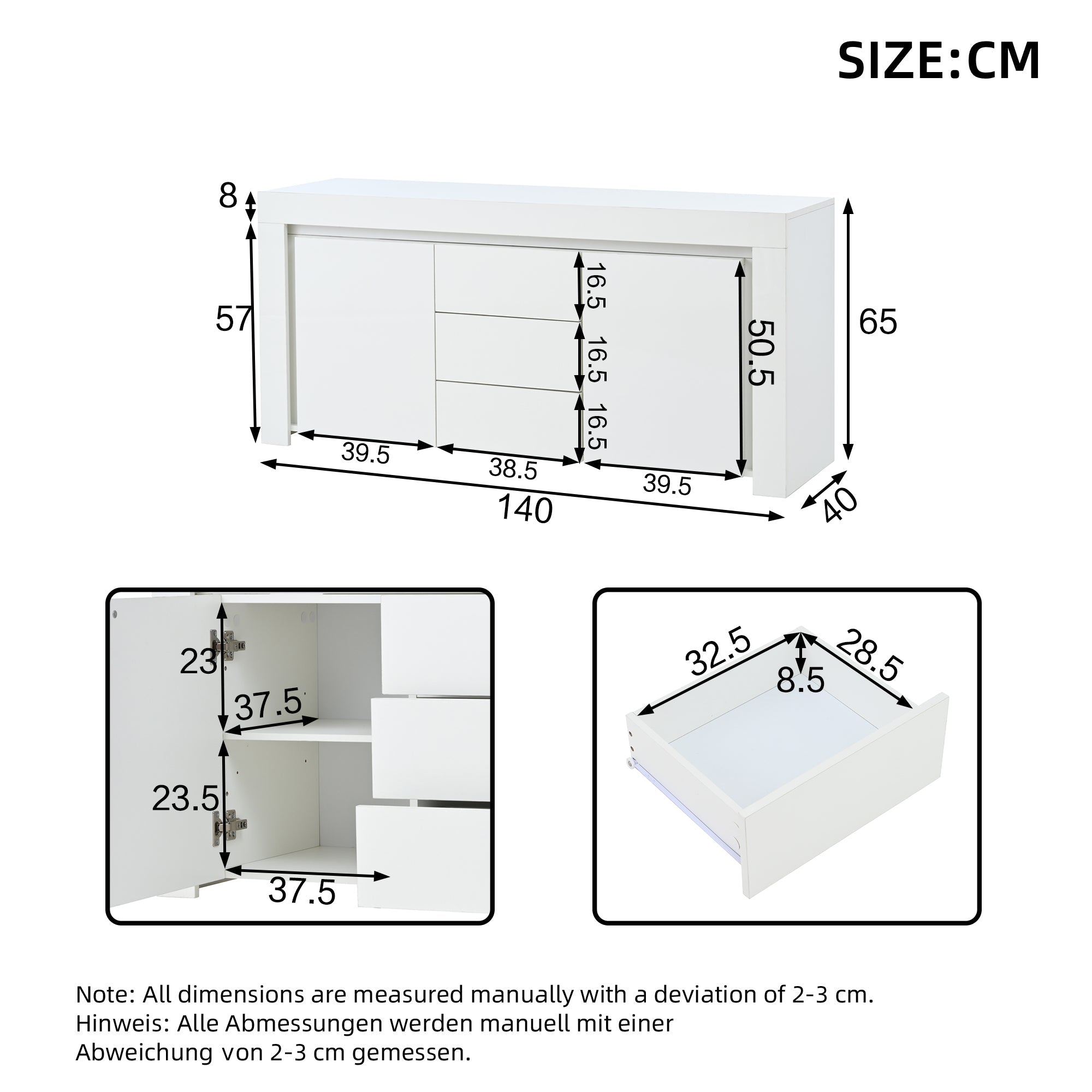 Logidon wit hoogglans dressoir 140x40x65 cm met LED verlichting