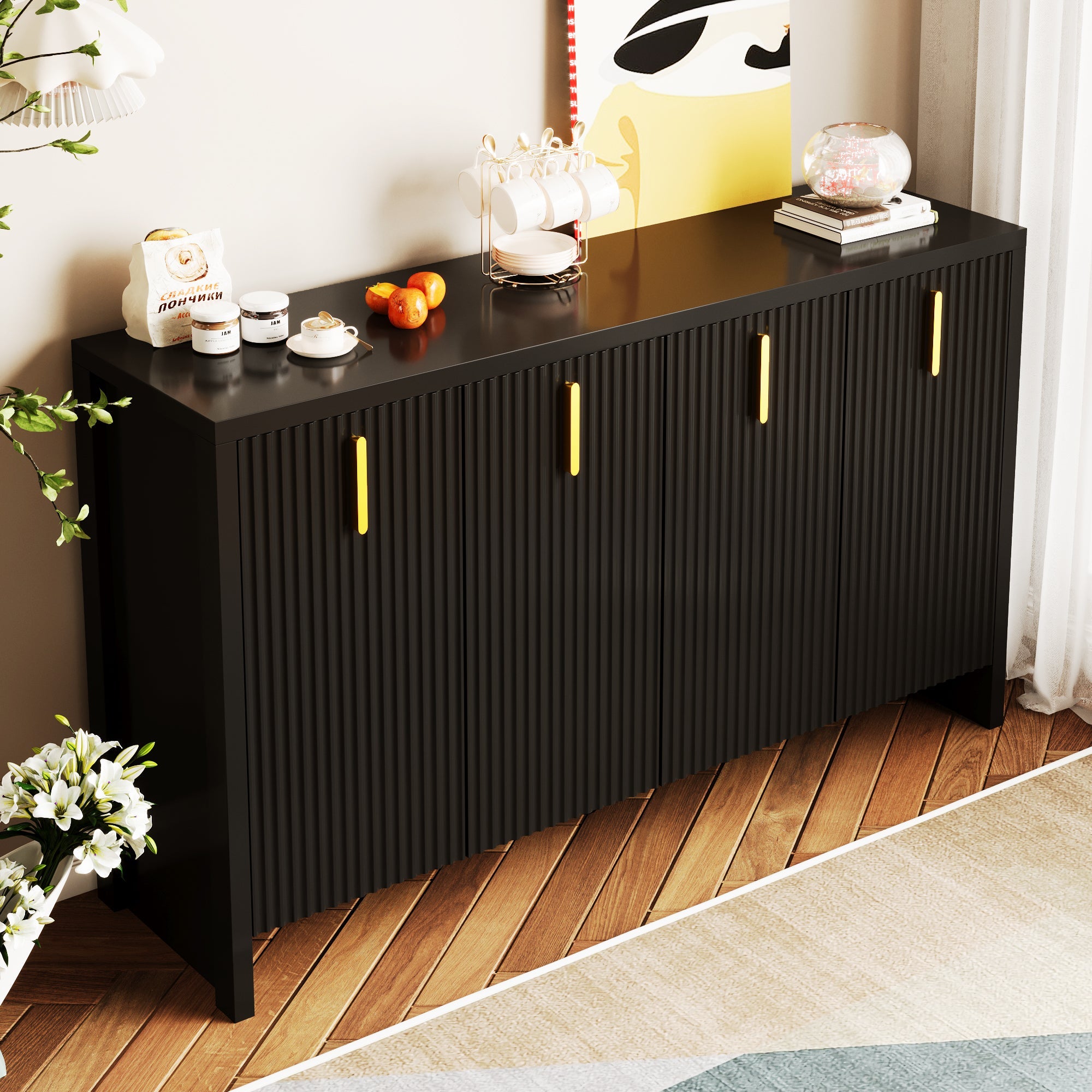 Logidon Dressoir 140 cm Zwart met Gouden Handvatten en Verdelers