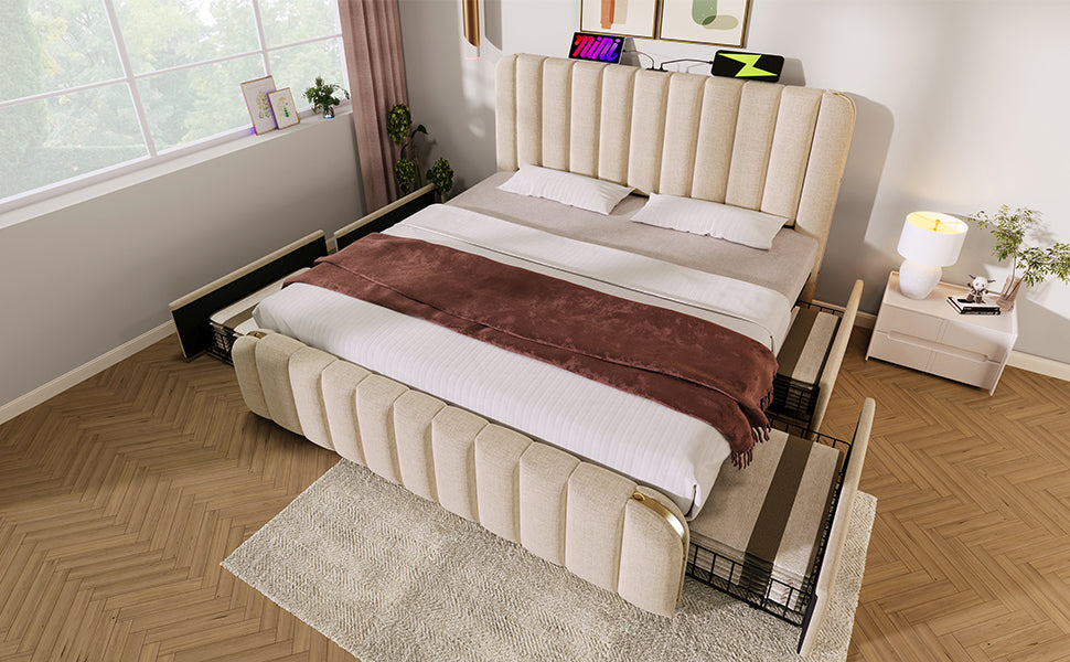Logidon upholstered bed beige linen with USB Type C charging function 180x200 cm