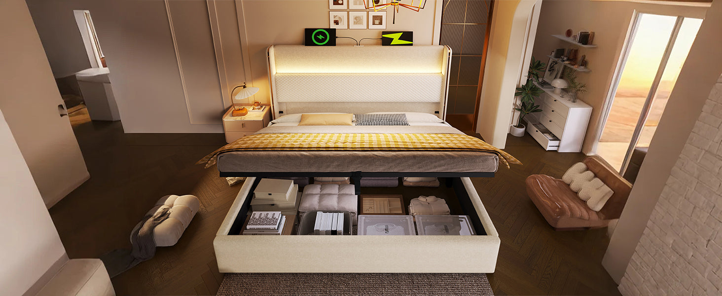 Logidon hydraulisch bed 140x200 beige linnenlook met LED