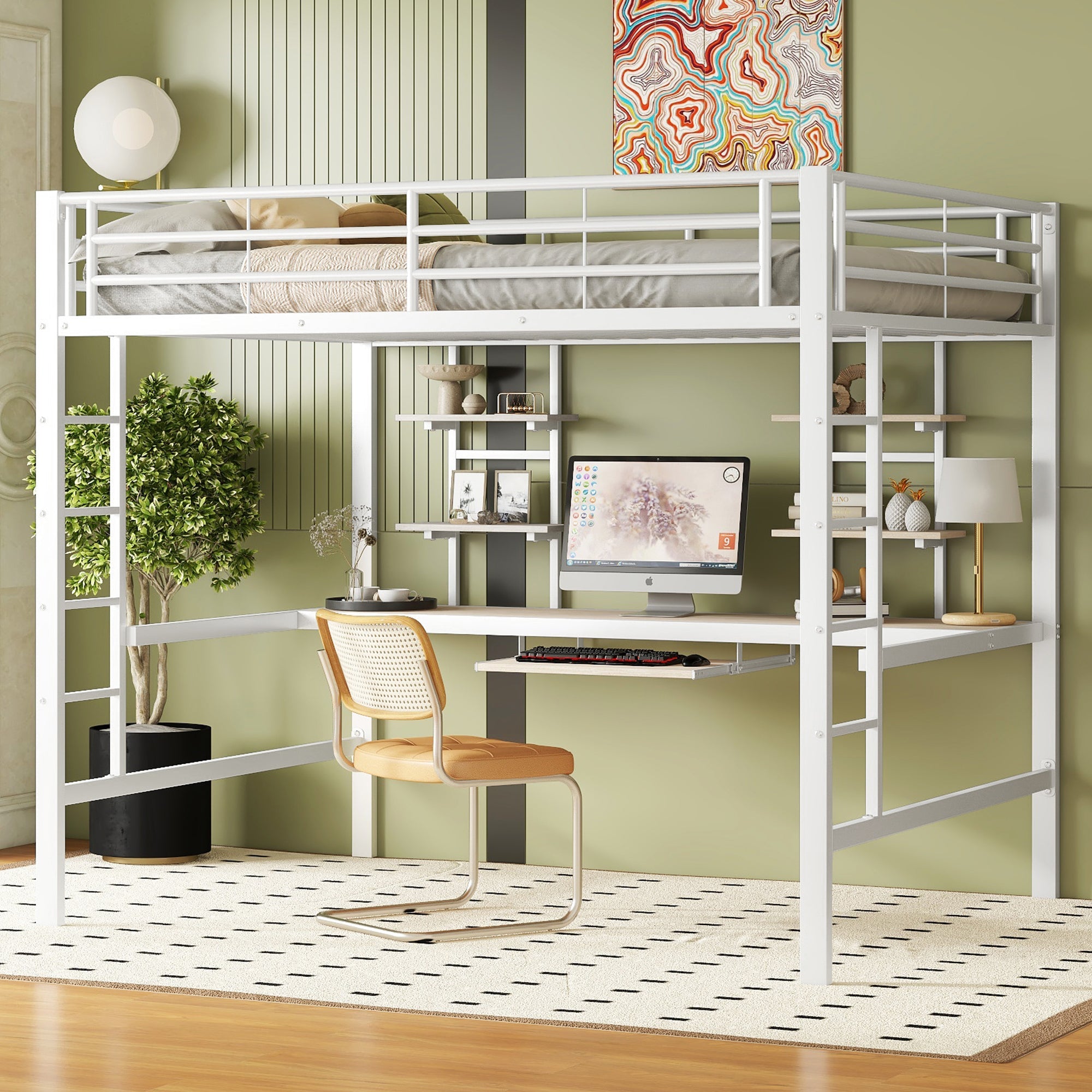 Logidon hoogslaper 140x200 cm metalen bed met bureau en plank wit