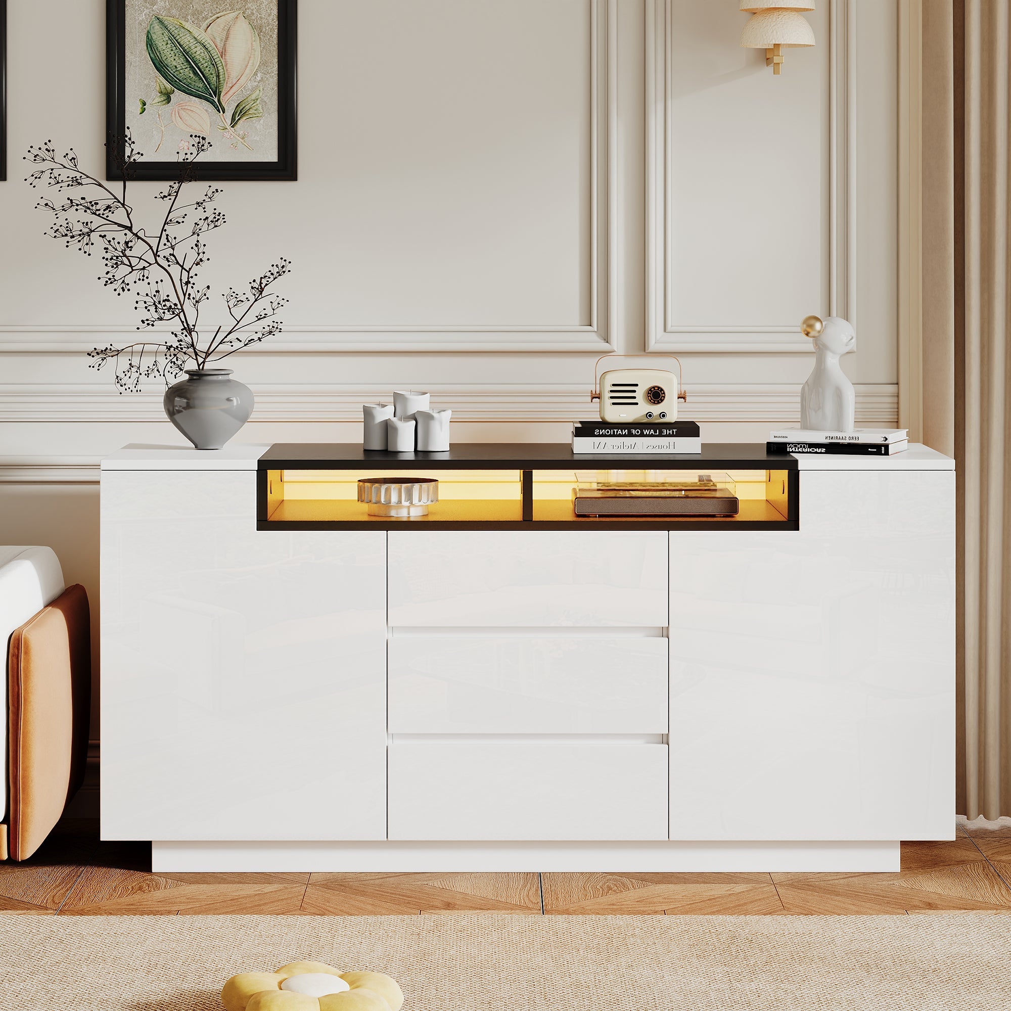 Logidon wit hoogglans dressoir 140 cm met LED, 2 deuren, 3 lades