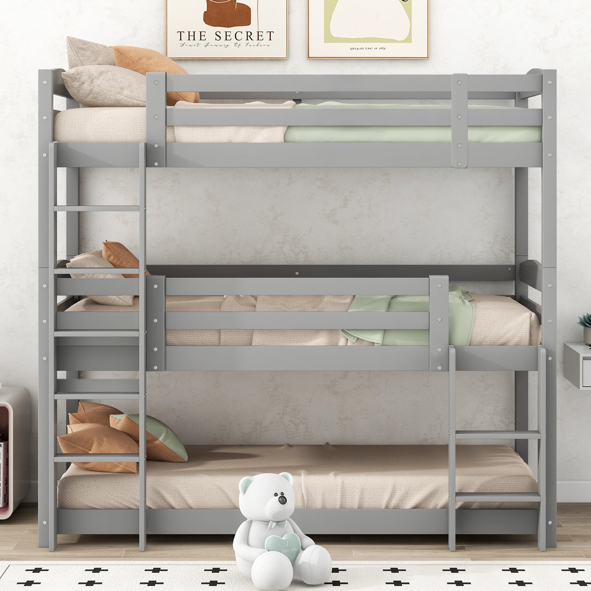 Logidon stapelbed 90x200 grijs hout driepersoonsbed kinderen