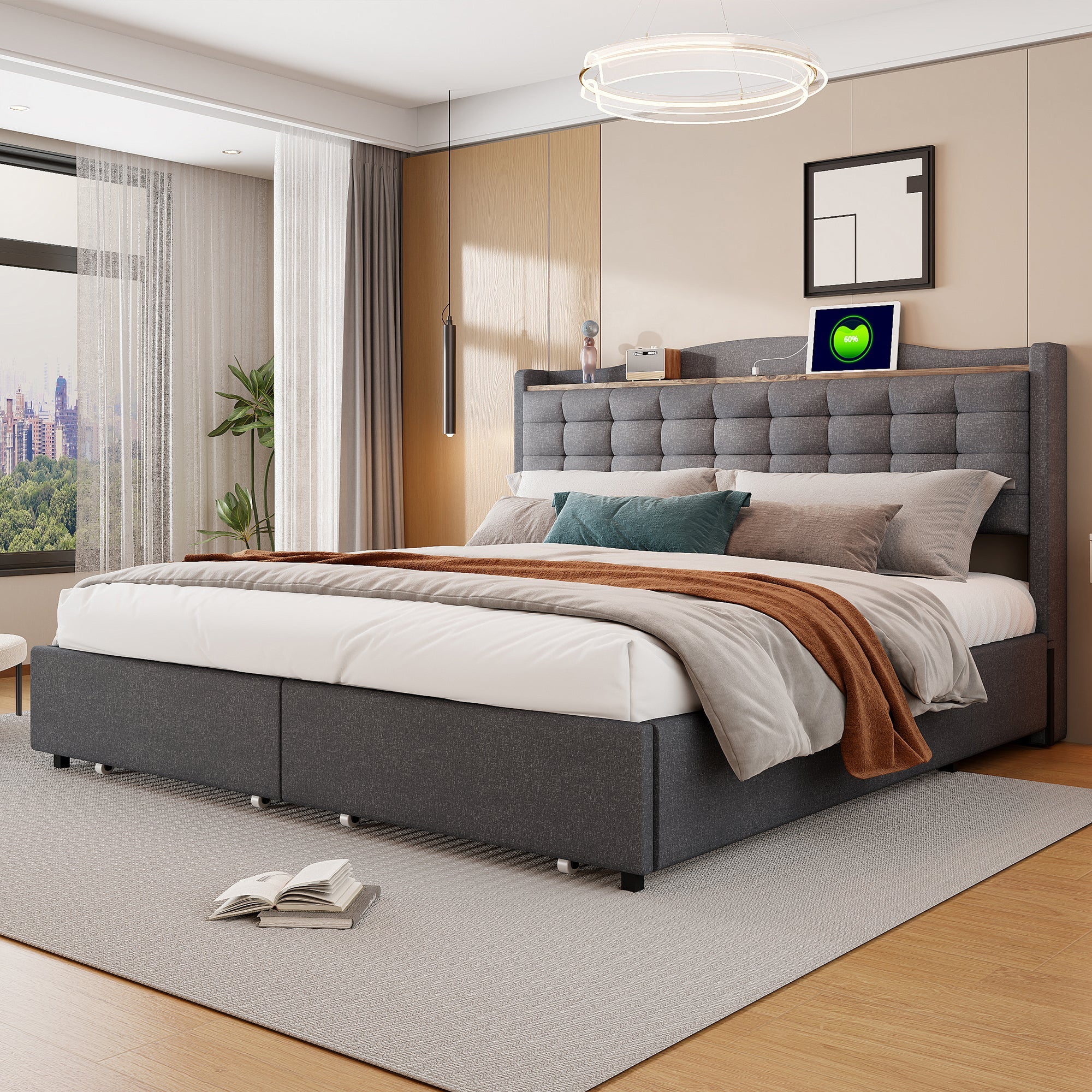Logidon upholstered bed 160x200 cm gray with USB charging port and shelf