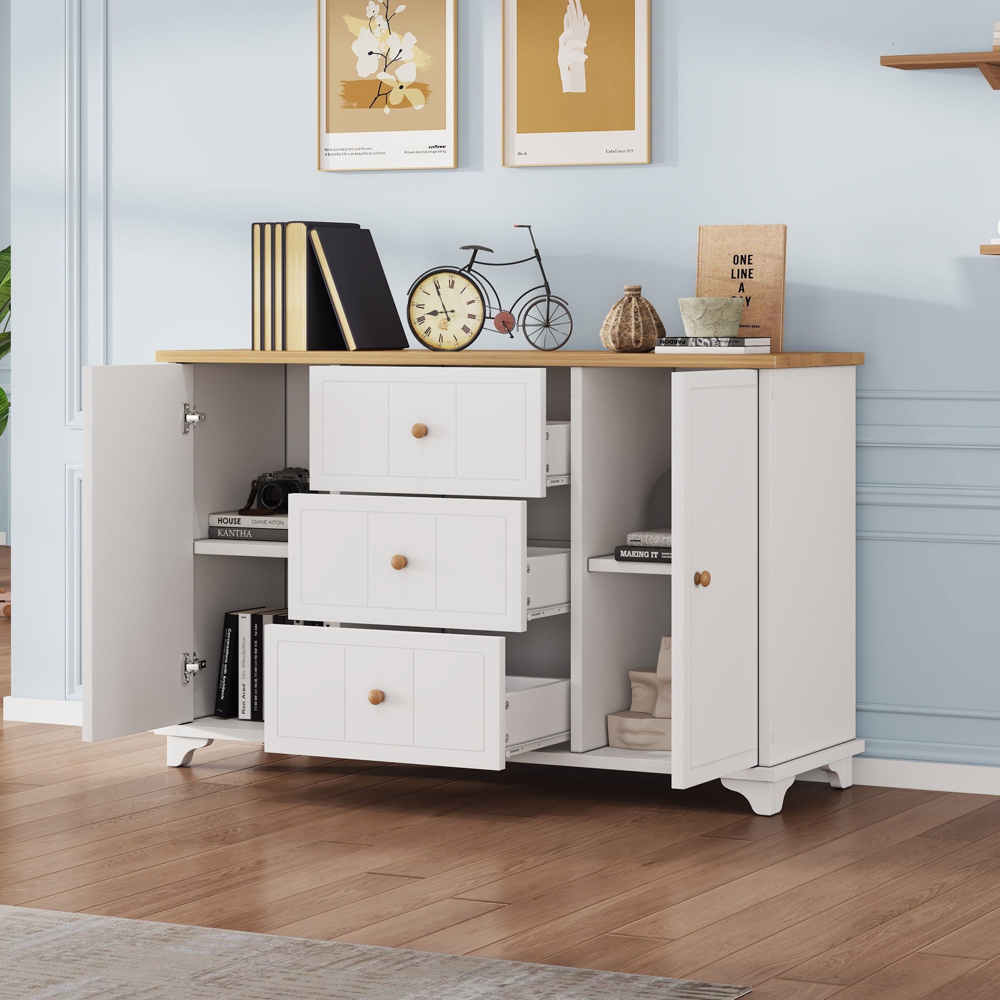 Logidon classic chest of drawers white natural with 3 drawers and 2 doors