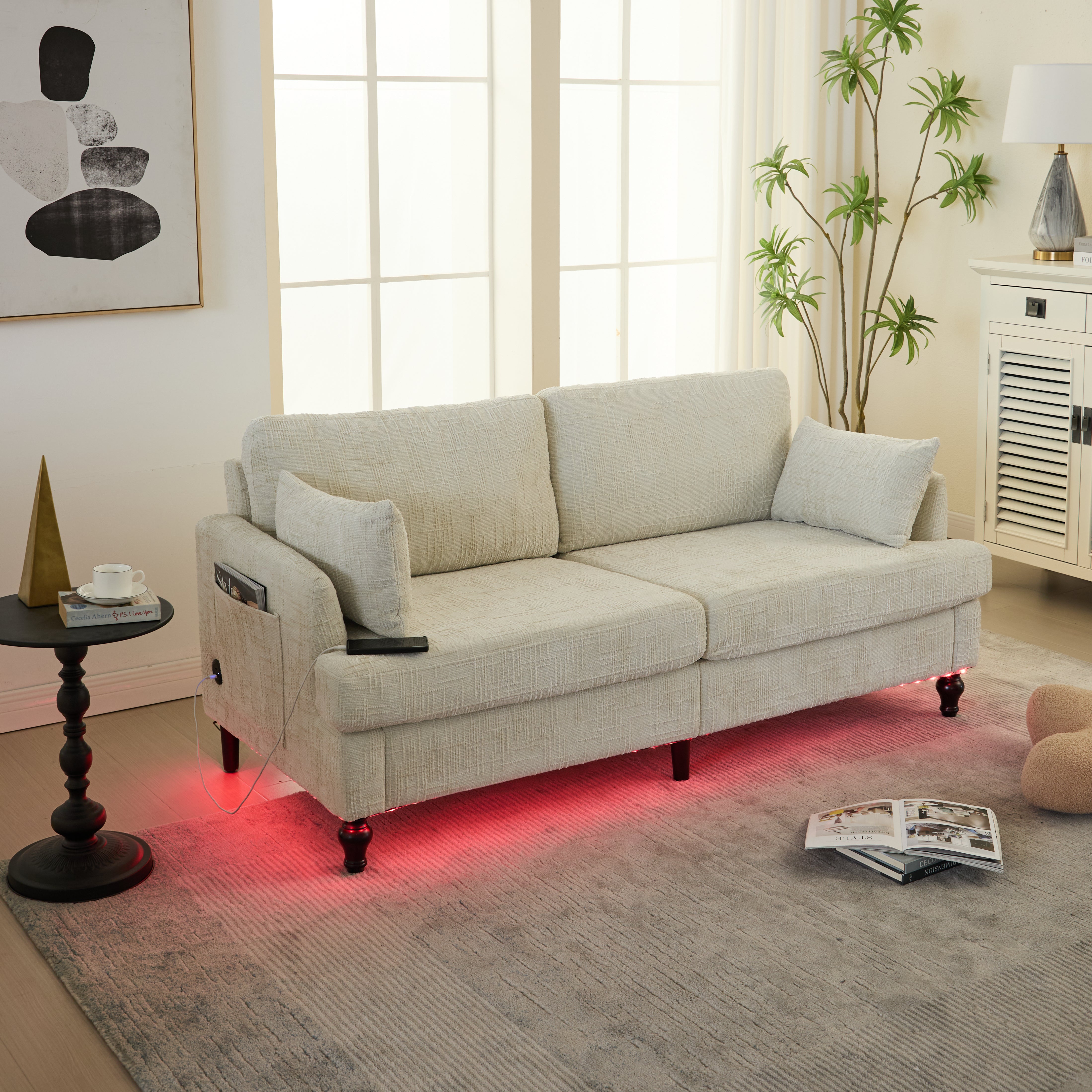 Logidon tweezitsbank van chenille, beige LED-USB-opbergruimte, houten poten