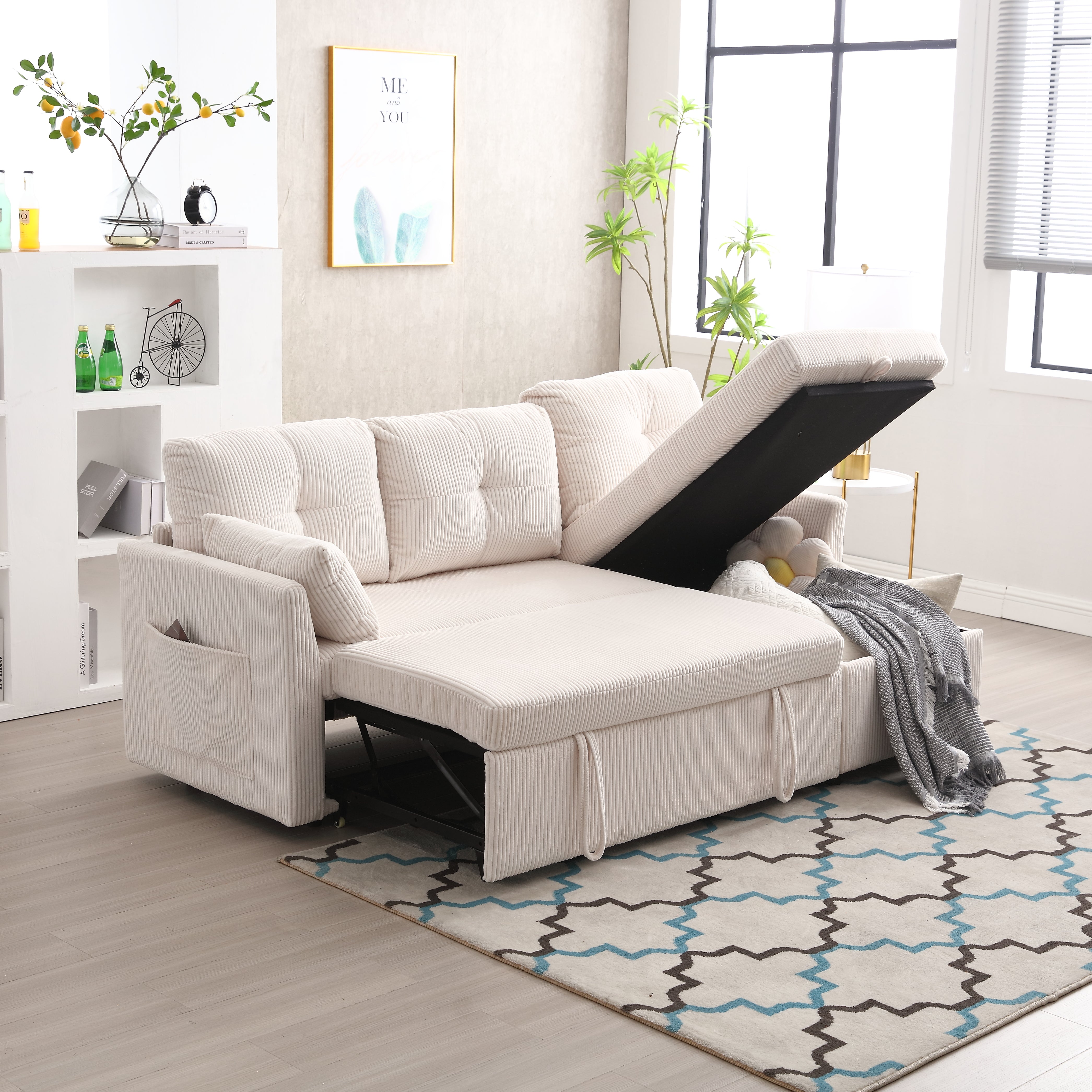 Logidon sofa bed with storage space and pull-out bed beige velvet cover