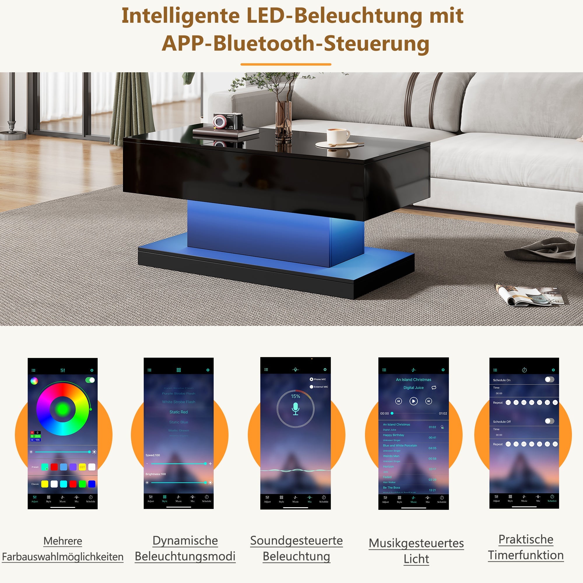 Logidon hoogglans liftsalontafel zwart 100x50x45 cm LED-verlichting