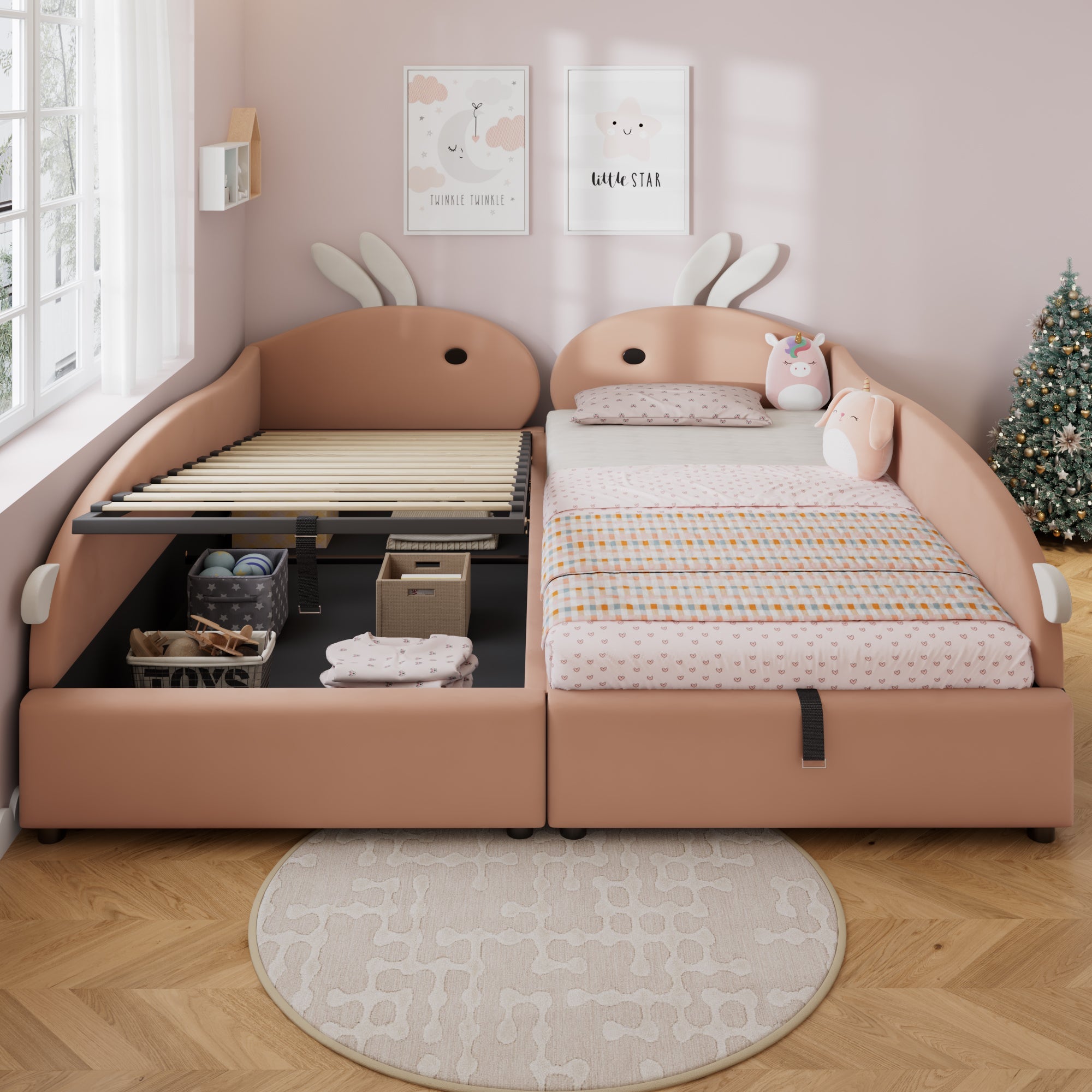 Logidon gestoffeerd bed 90x200 cm roze fluwelen konijn hoofdbord met opbergruimte