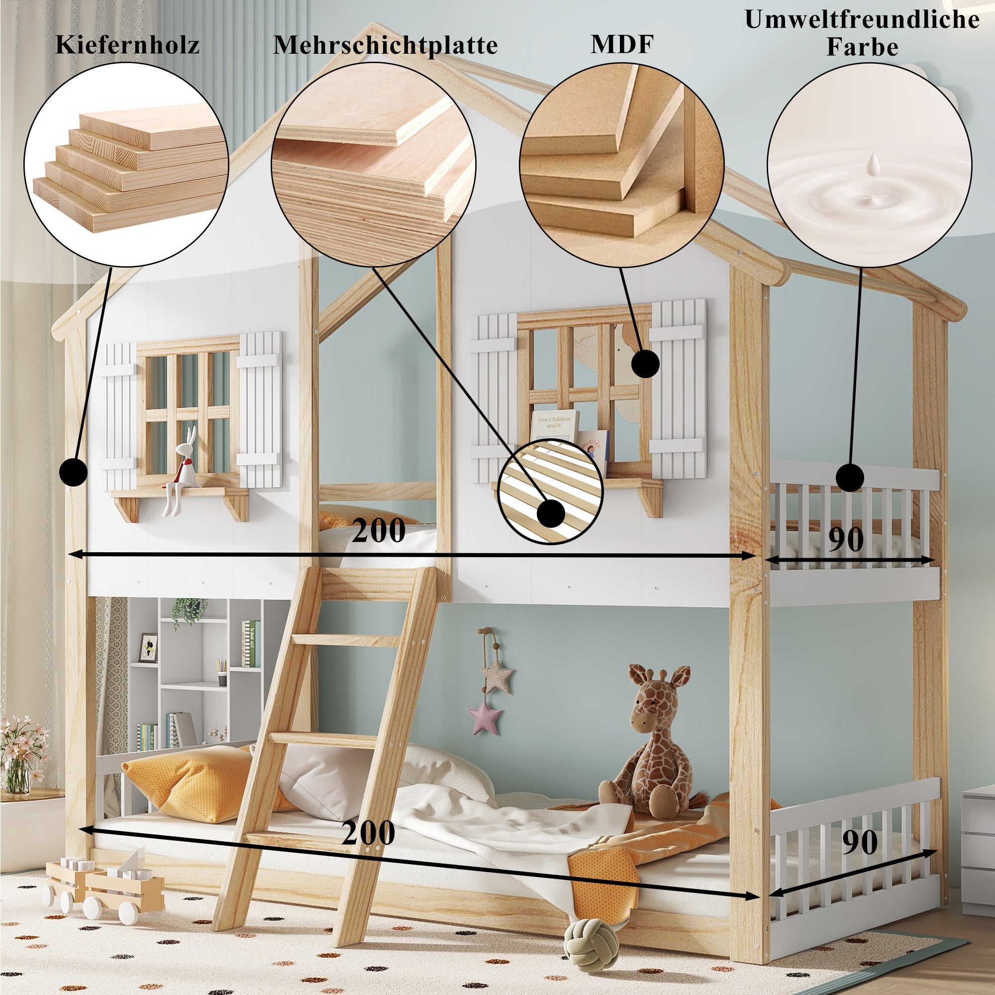 Logidon stapelbed 90x200 cm wit naturel met veiligheidsrailing