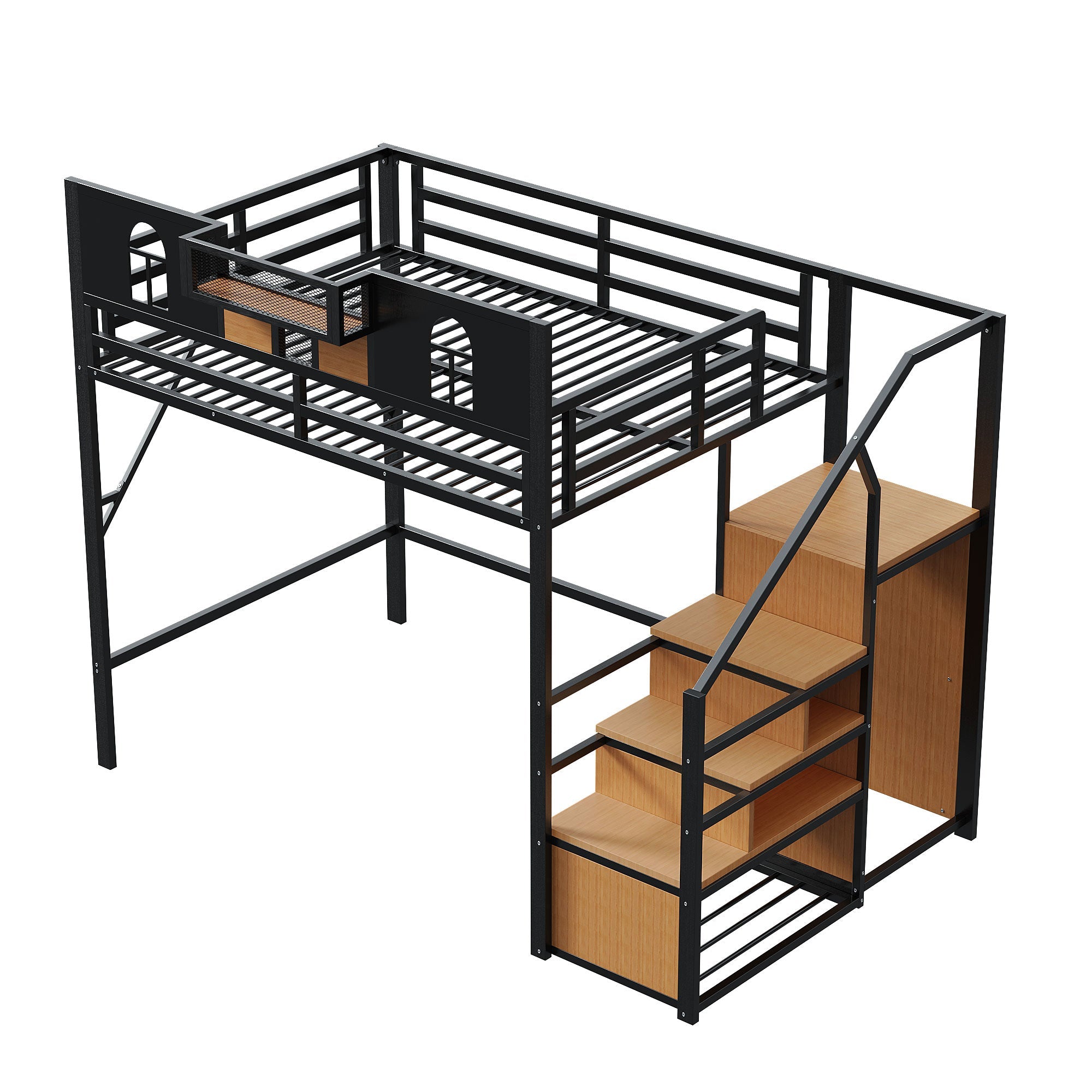 Logidon metalen hoogslaper 140x200 zwart met opbergladder