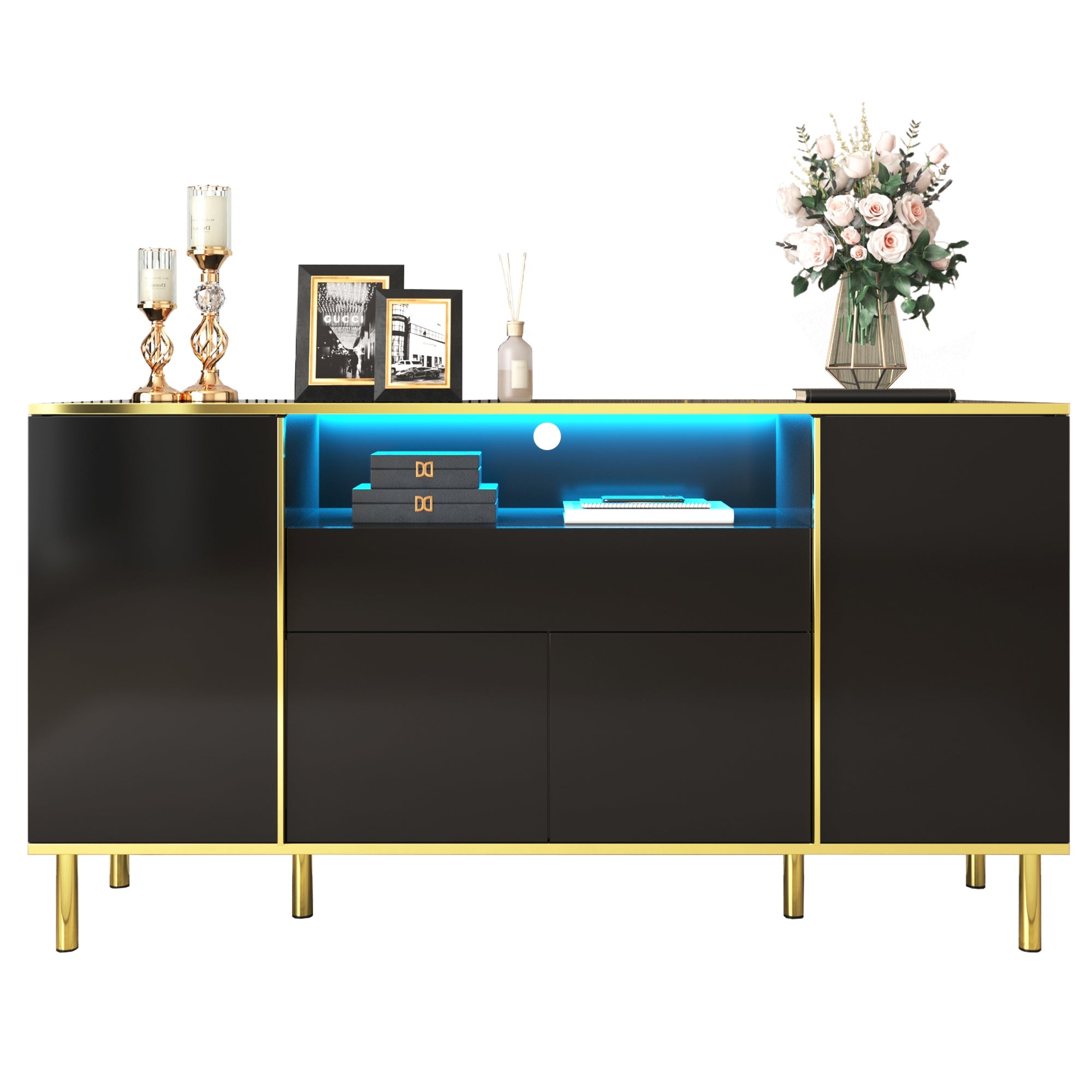 Logidon high-gloss sideboard black 150x40x80 with LED accents