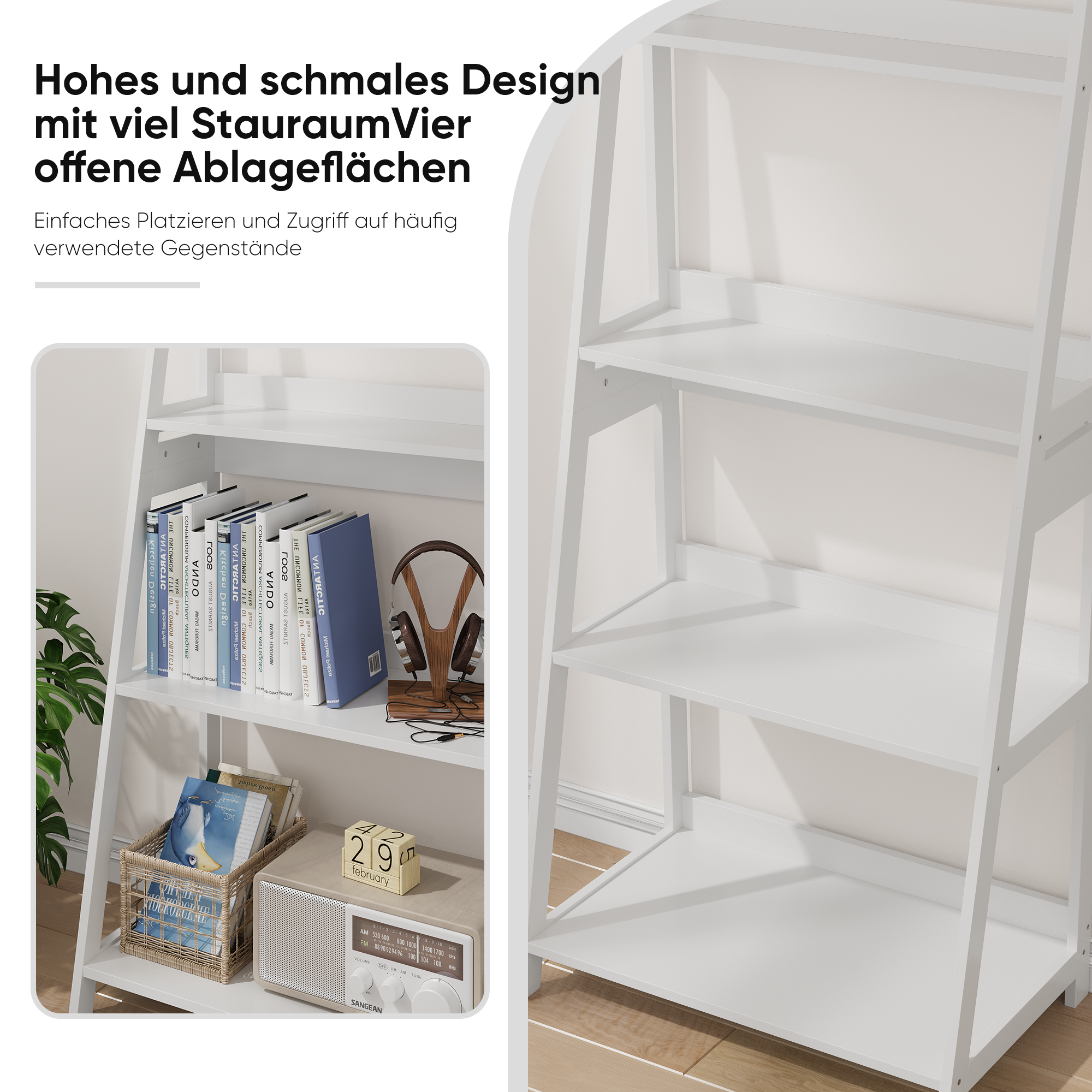 Logidon ladderboekenkast wit 4-laags staande plank 63x39x150 cm