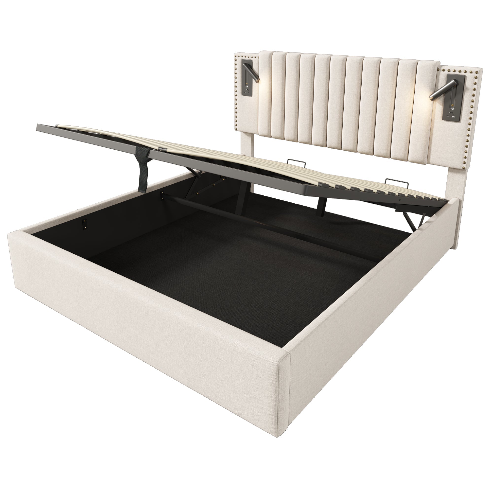 Logidon gestoffeerd bed 160x200 beige met opbergruimte en USB-leeslamp