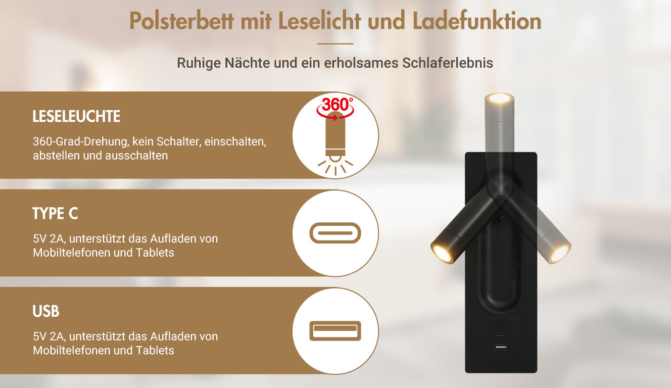 Logidon gestoffeerd bed beige-wit 160x200 met leeslamp USB-C oplaadfunctie