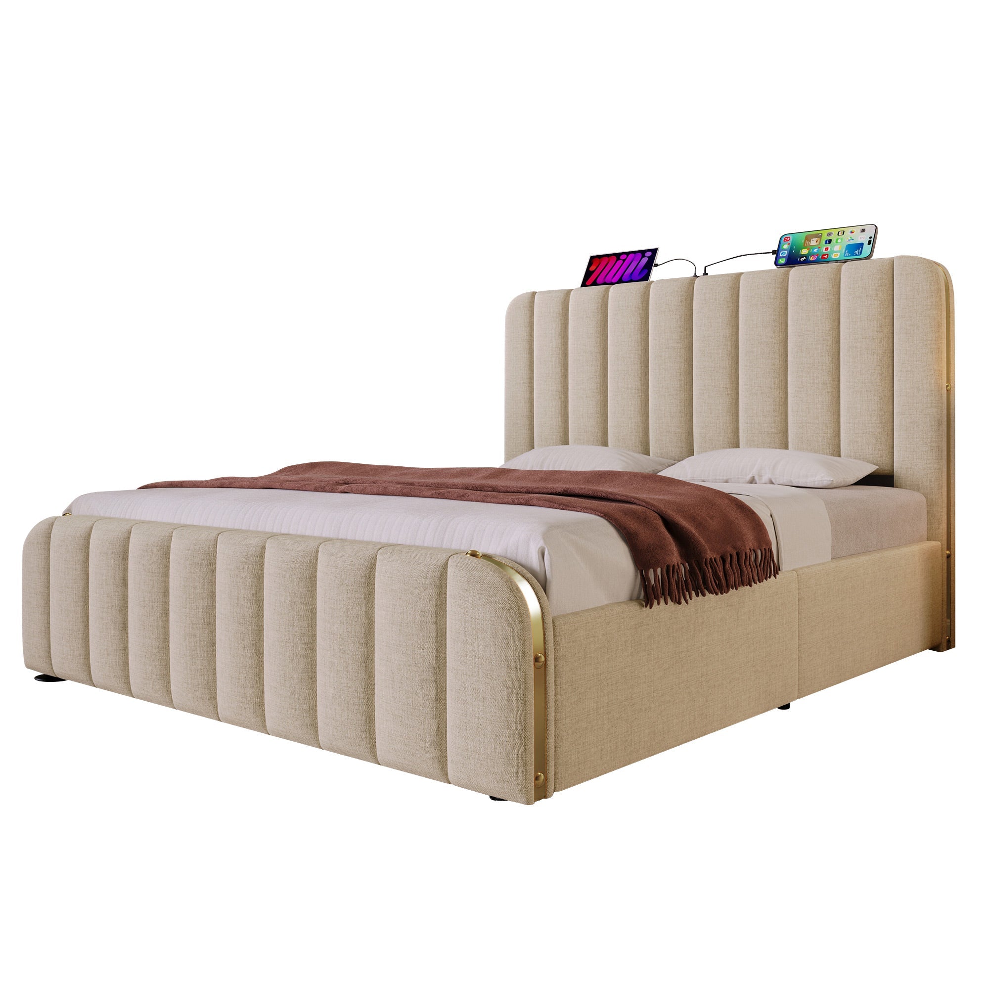Logidon gestoffeerd bedhoofdeinde USB C oplaadfunctie 140x200 beige linnen