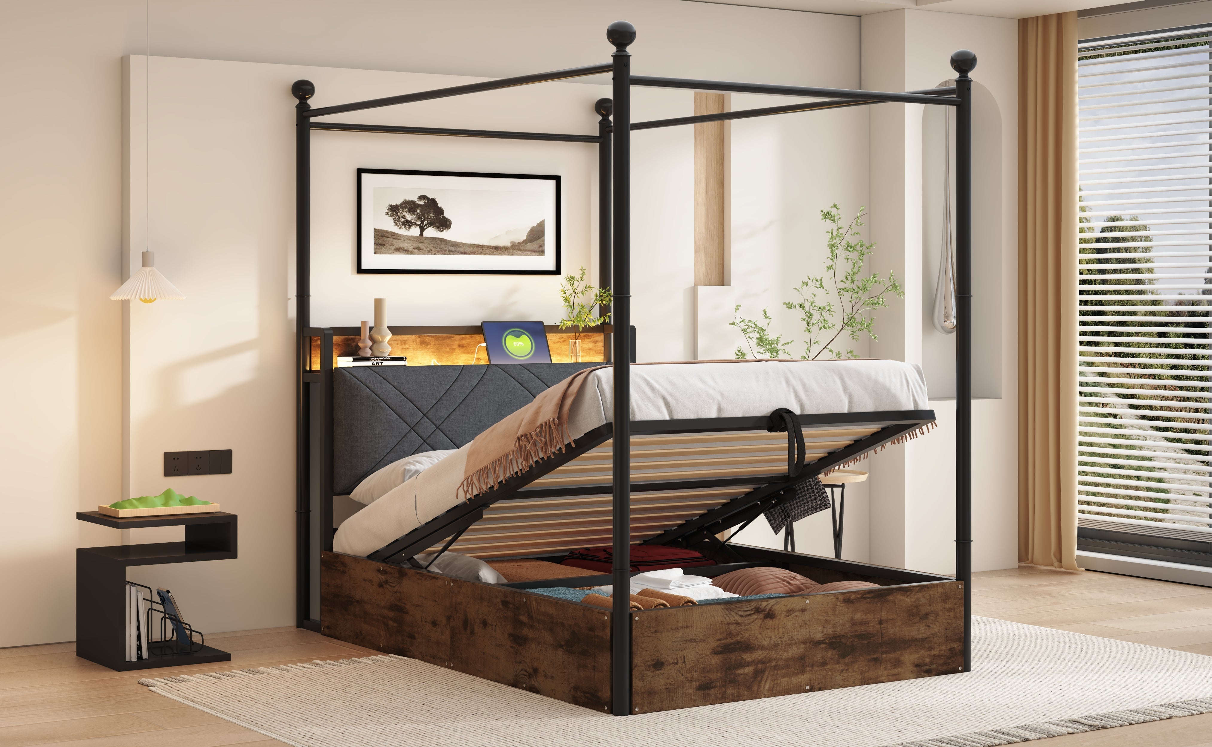 Logidon hemelbed 90x190 zwart met opbergruimte hydraulisch LED USB-C