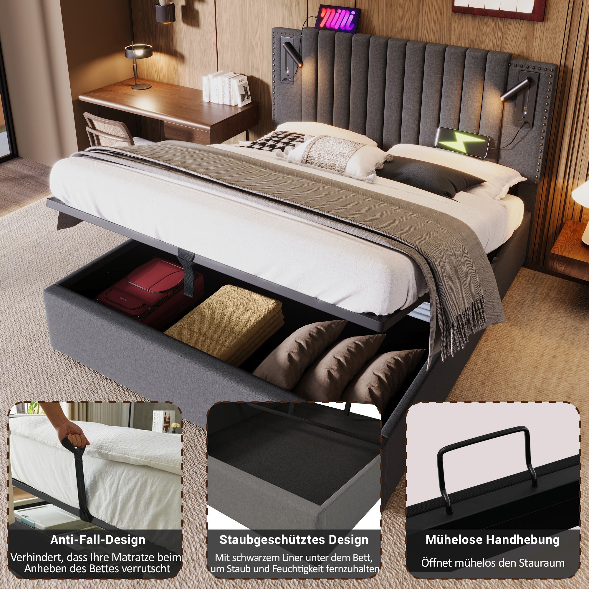 Logidon gestoffeerd bed 180x200 grijs met opbergruimte en USB-oplaadfunctie