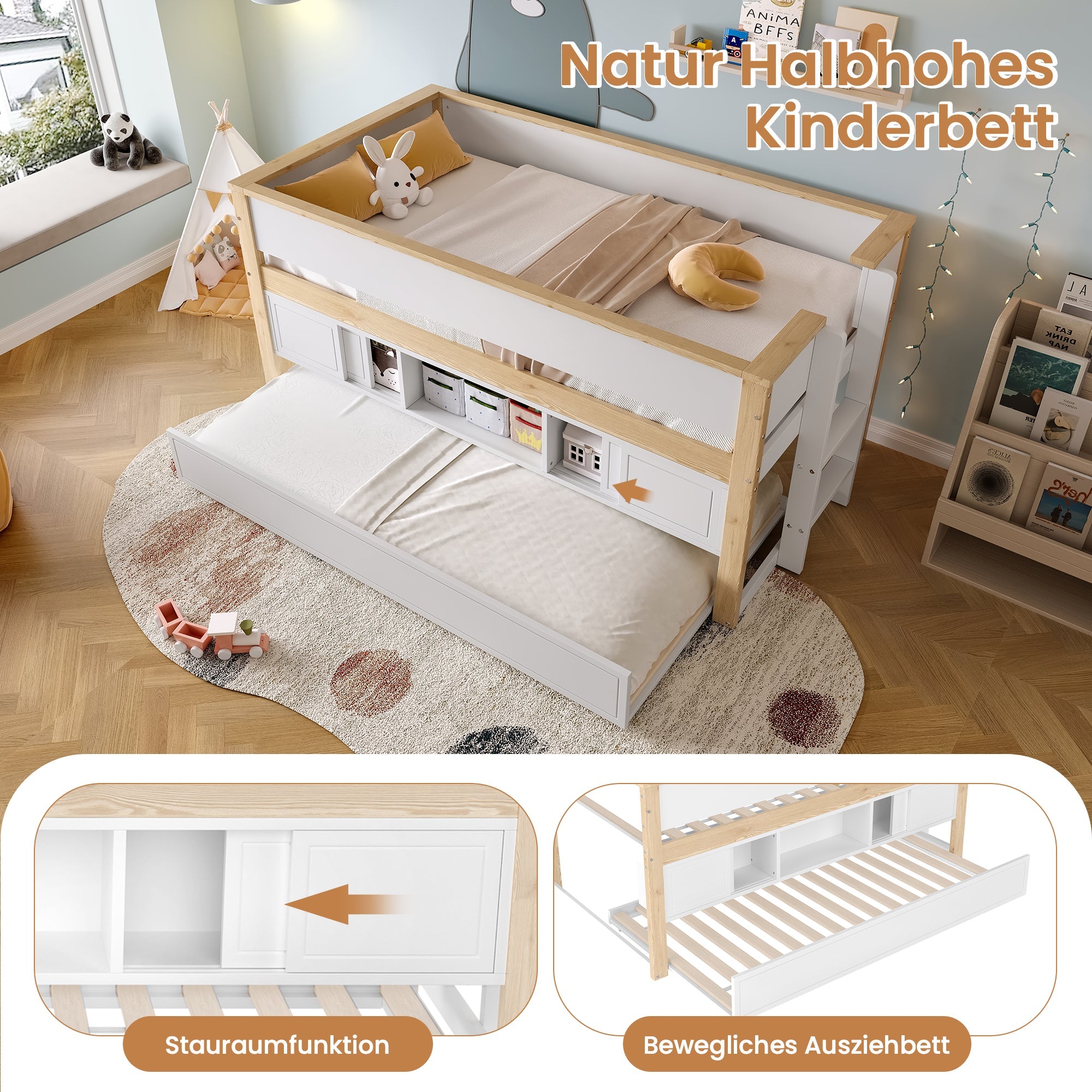 Logidon halfhoogsbed 90x200 wit naturel met onderschuifbed en opbergruimte