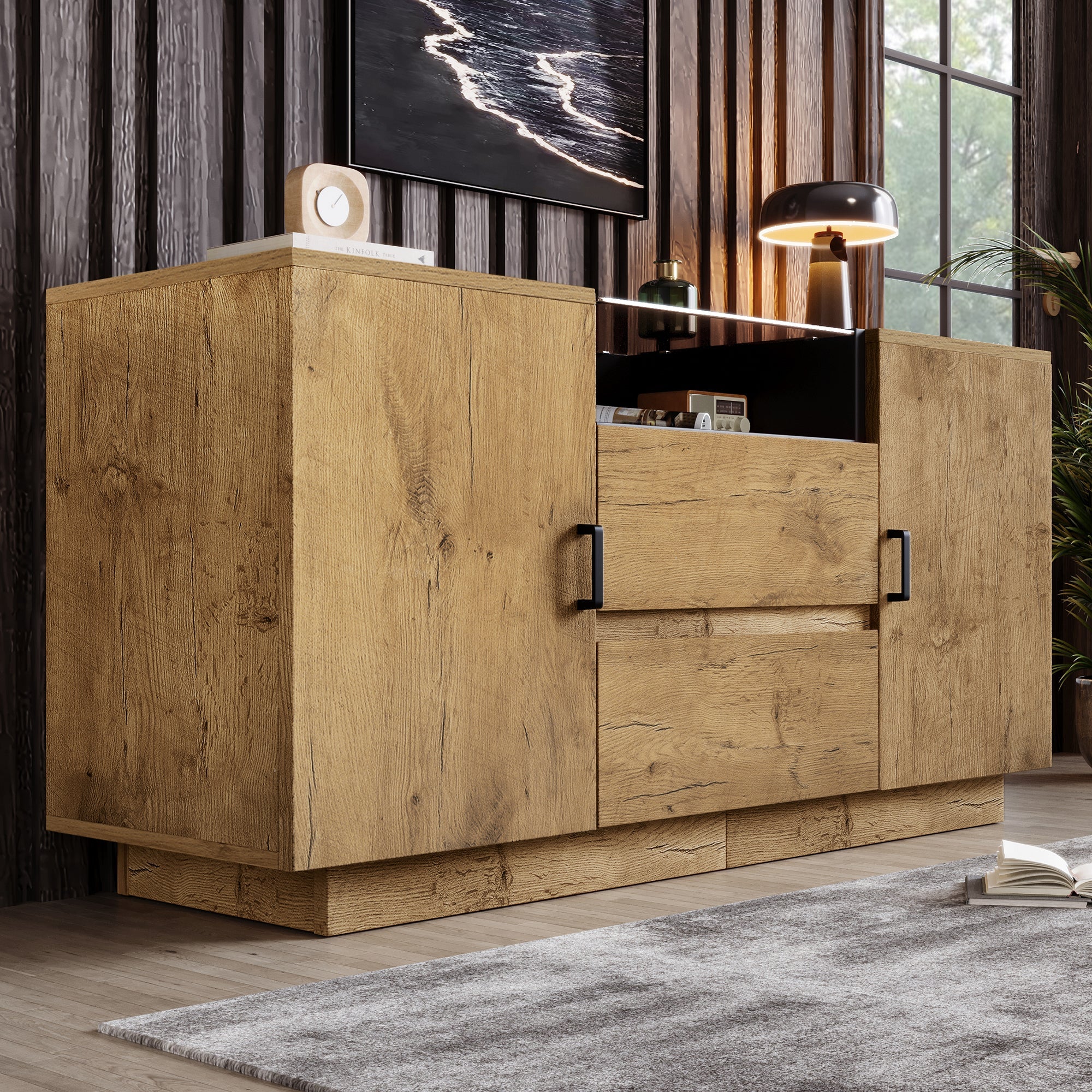 Logidon oak look chest of drawers sideboard 2 drawers 2 cupboards H70