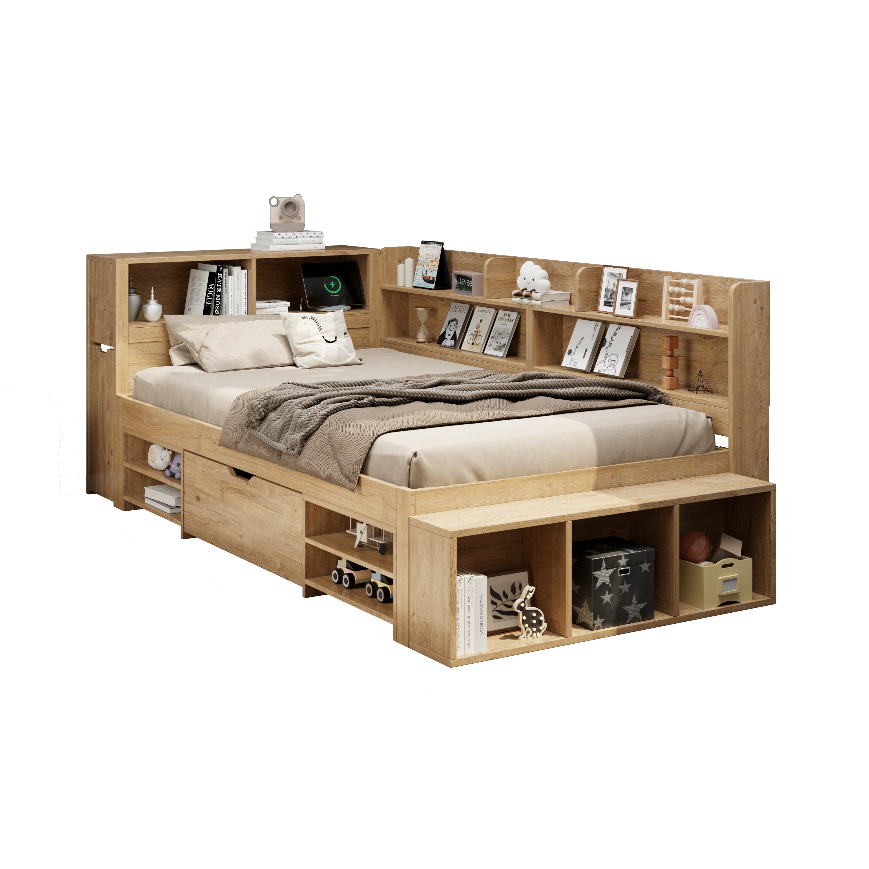 Logidon kinderbed 90x200 cm naturel hout met opbergruimte en opladen