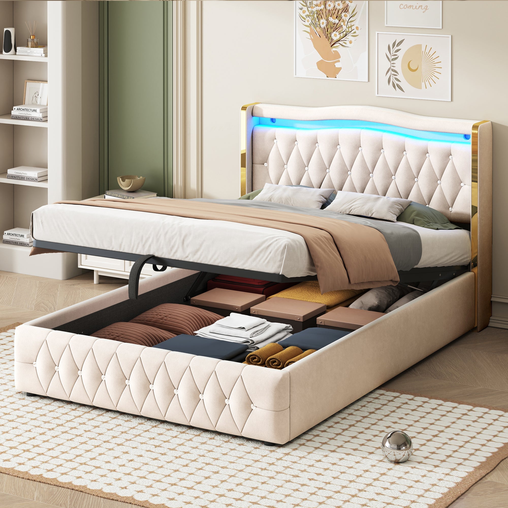 Logidon gestoffeerd bed 140x200 beige fluweel LED-verlichting hydraulisch