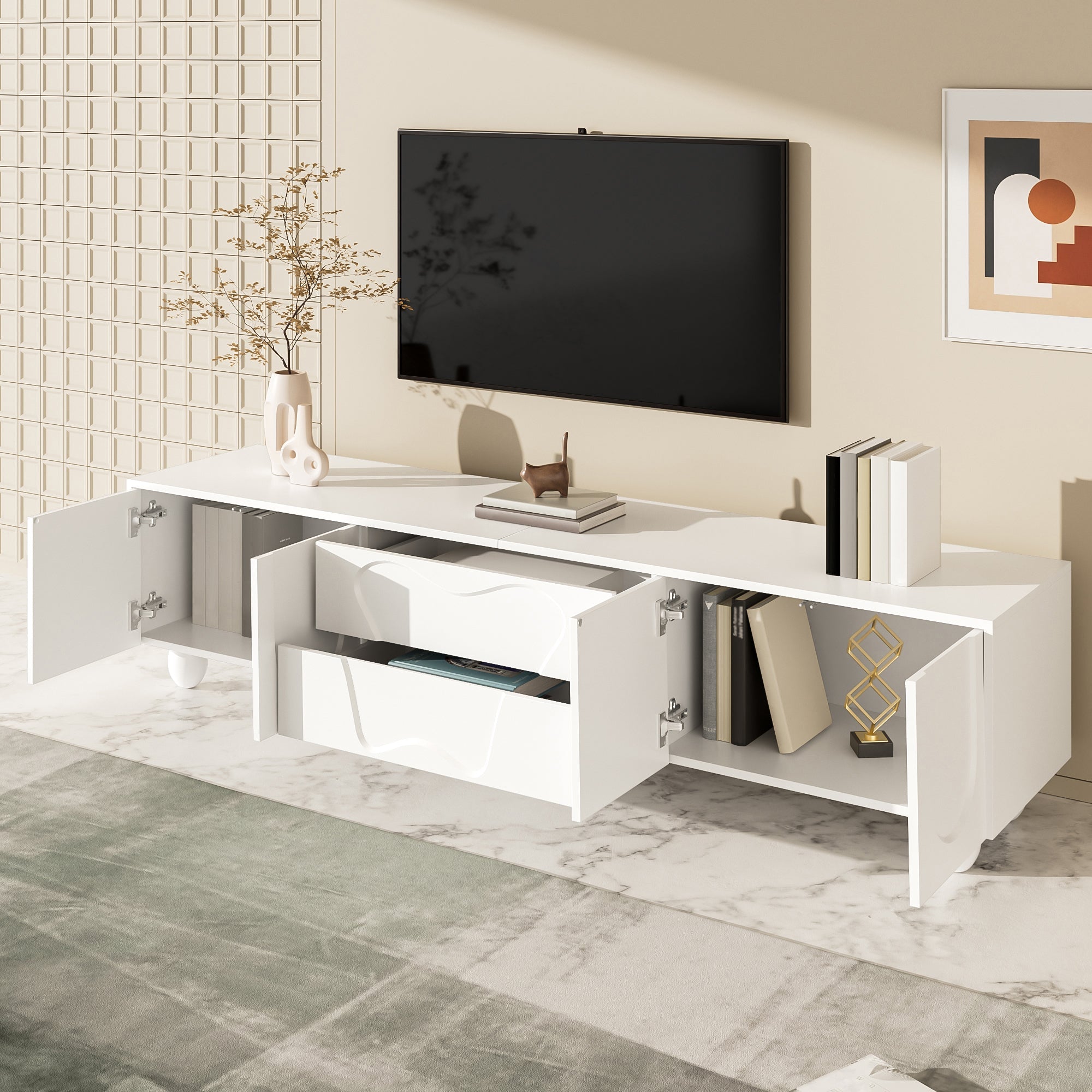 Logidon TV-meubel 180 cm wit met massief houten poten Minimalistisch
