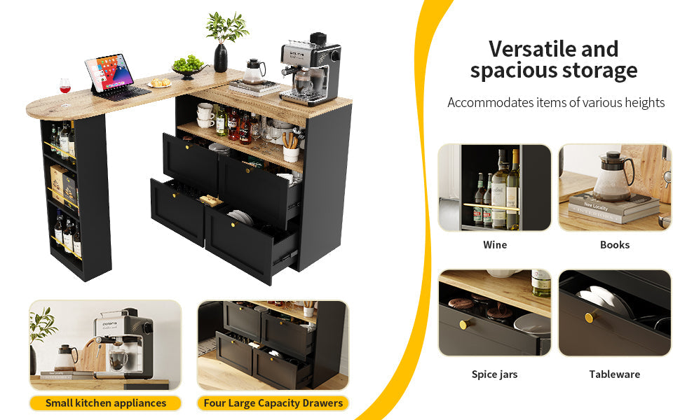 Logidon 360 graden draaibare eetbar zwart 138 cm - 4 lades
