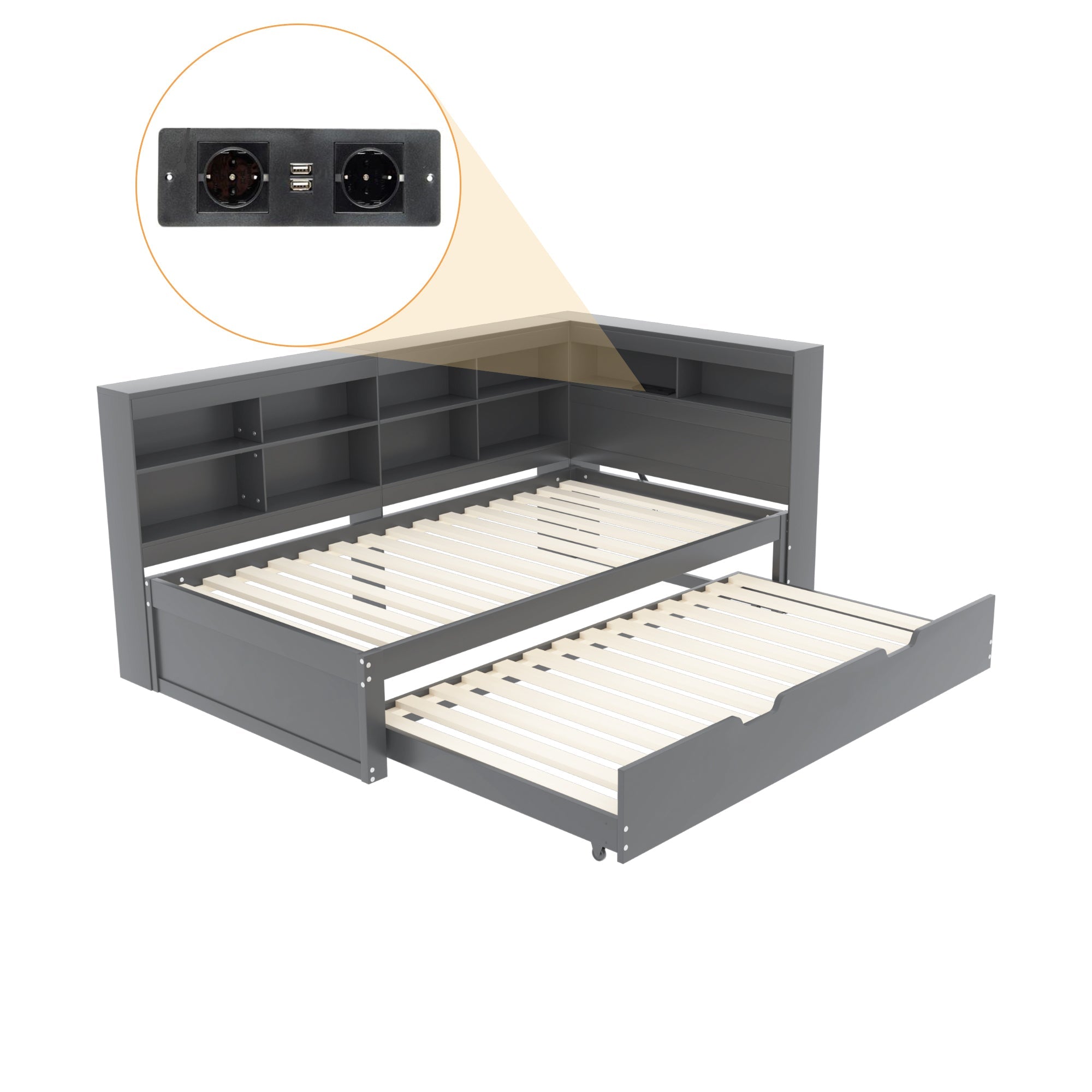 Logidon slaapbank 90x200 cm, uitschuifbaar bed 90x190, grijs