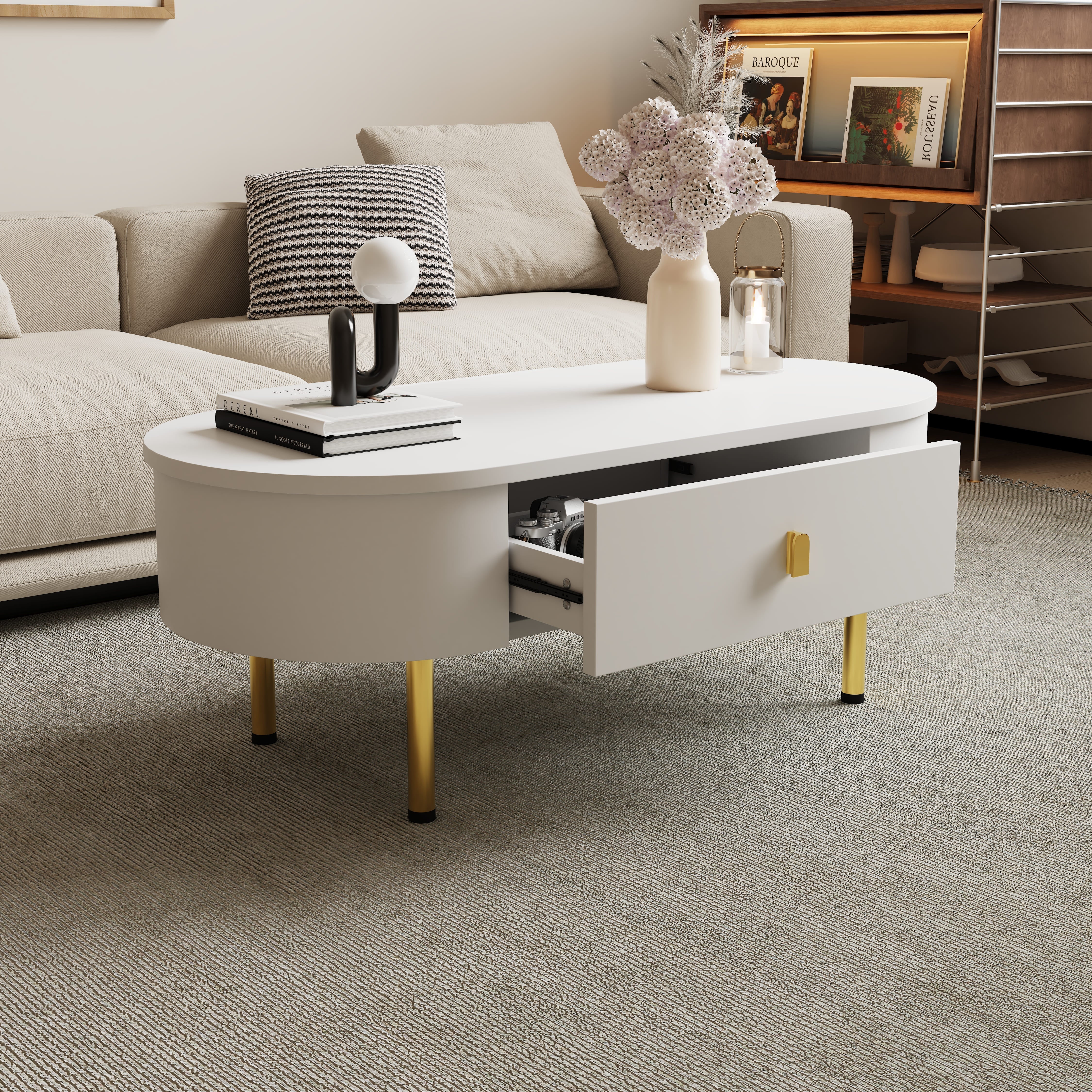 Logidon White Coffee Table With Two Drawers And Gold Handles