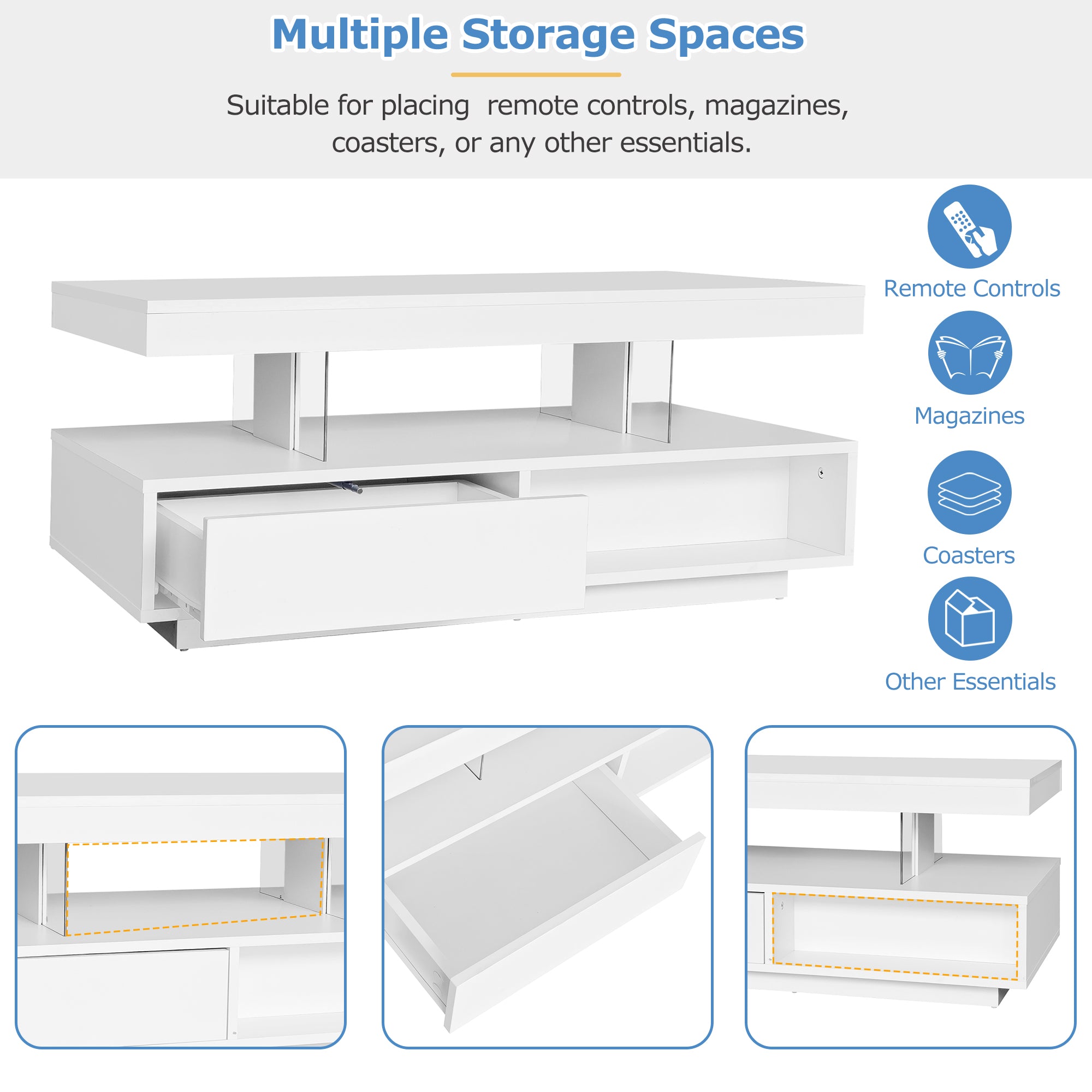 Logidon Witte Hoogglans Salontafel 95x50 cm Met Glazen Bladen
