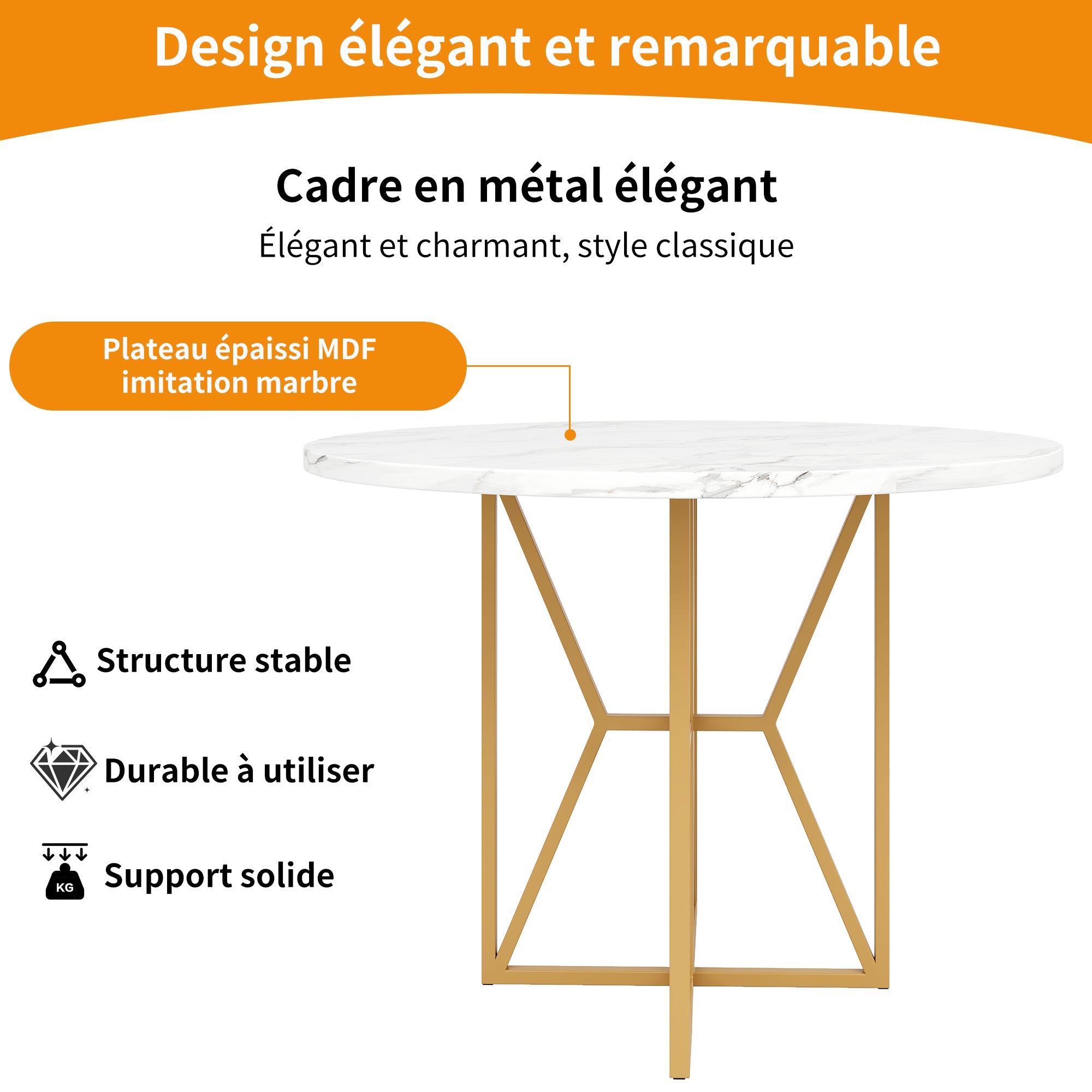 Logidon ronde eettafel 80x80 cm marmerlook gouden poten 4-6 personen