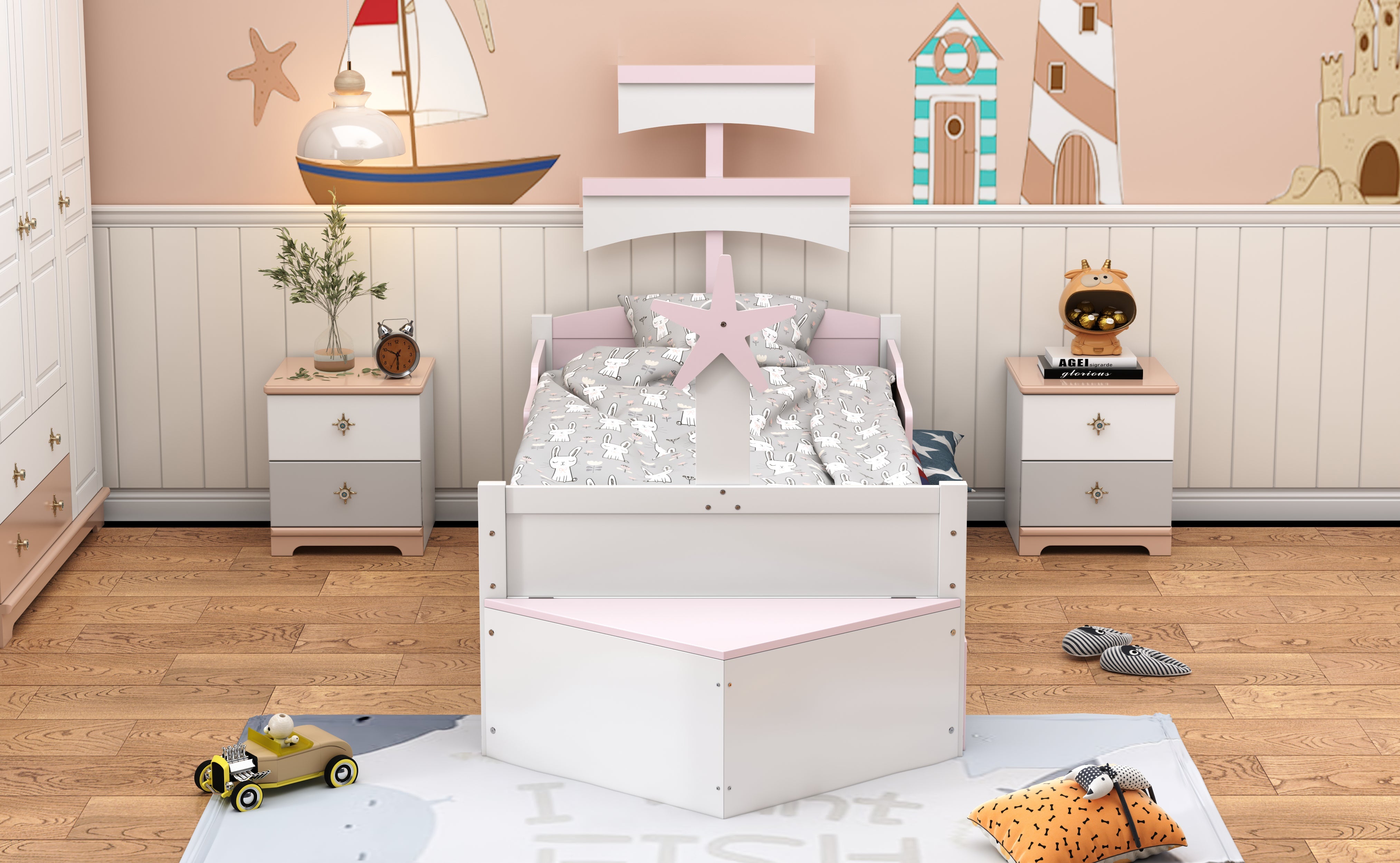 Logidon kinderbed hout roze zeilbootvorm 90x200 met uitschuifbaar bed