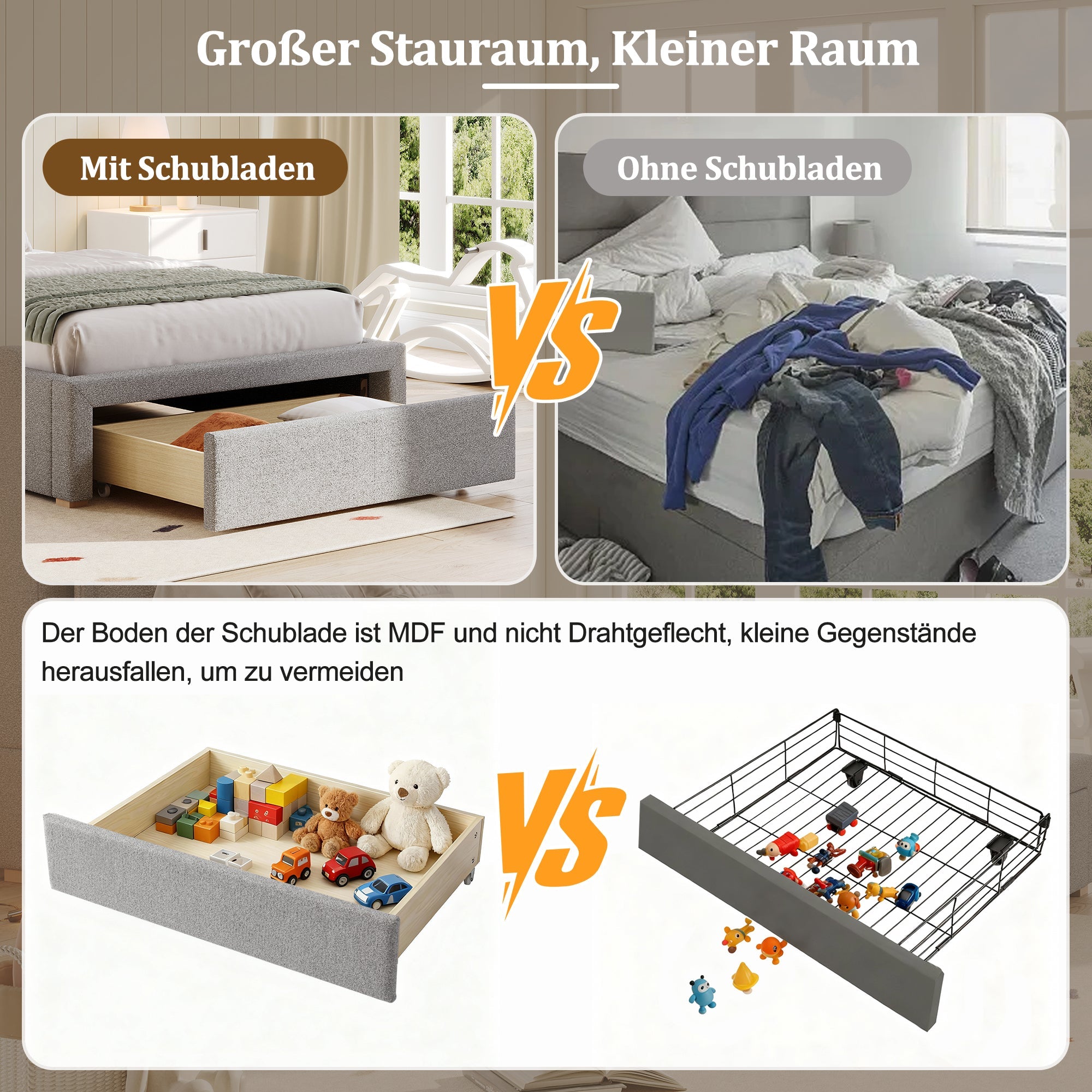 Logidon gestoffeerd bed 90x200 cm functioneel bed grote lade grijze chenille