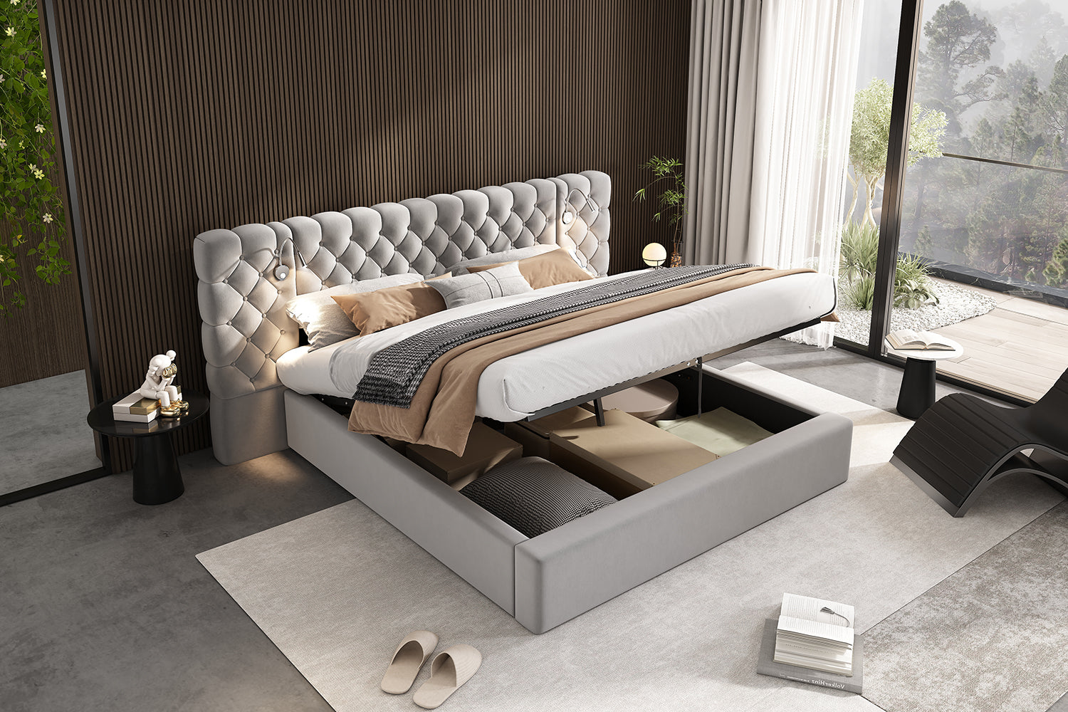 Logidon upholstered bed 180 x 200 cm with hydraulic storage space LED gray