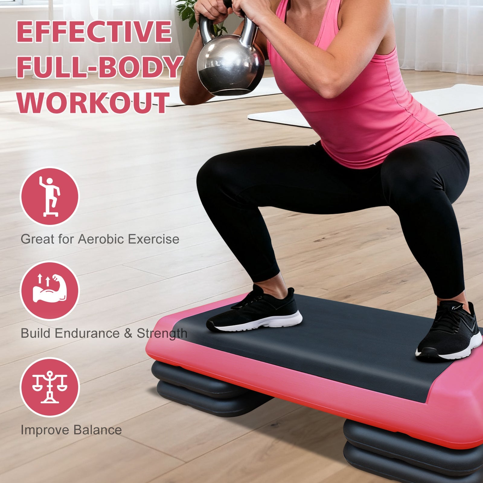 Logidon Verstelbare Aerobic Stepper 76 cm Rood Zwart 4 Verhogers