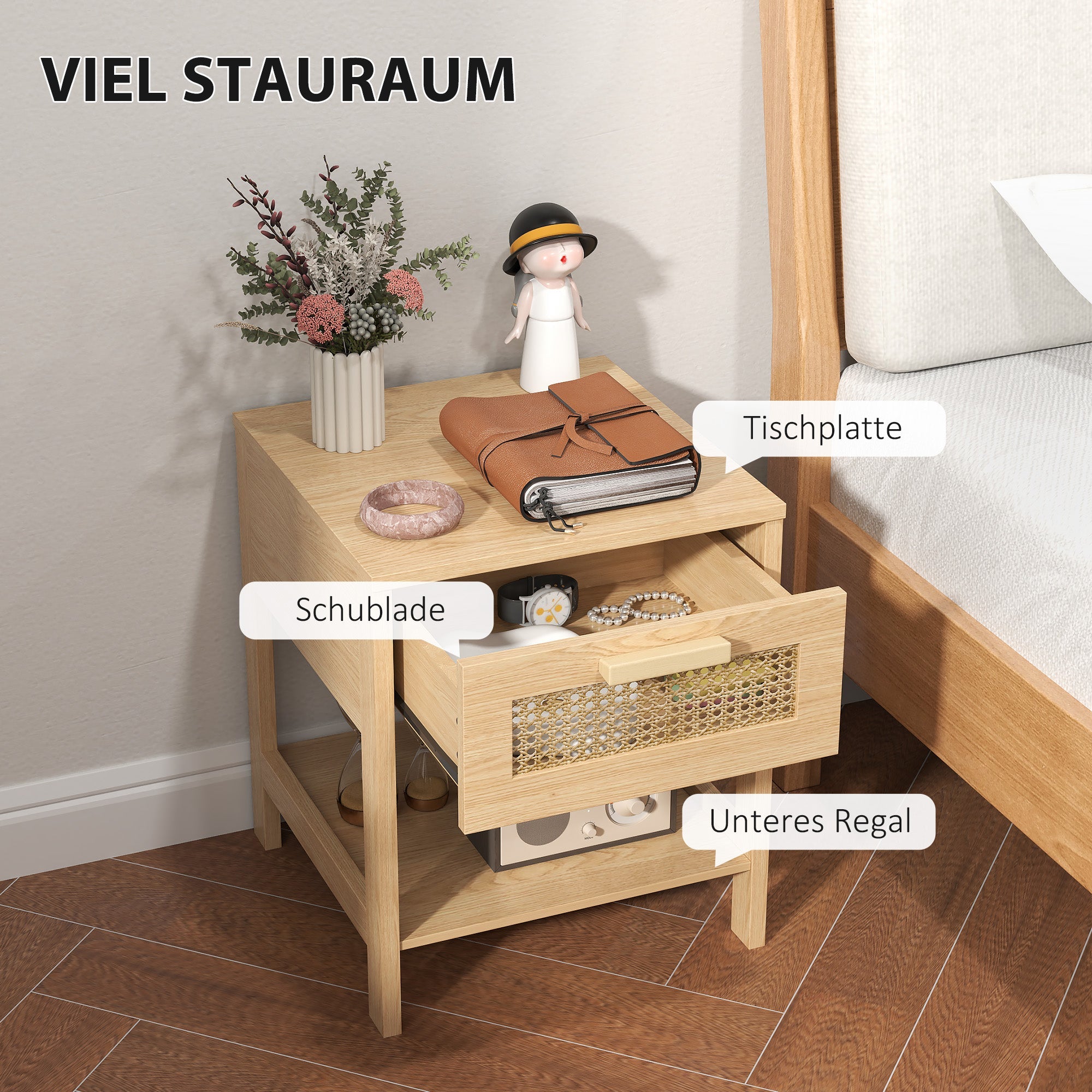 Logidon nachtkastje rotan design naturel 40x40x48 cm met lade