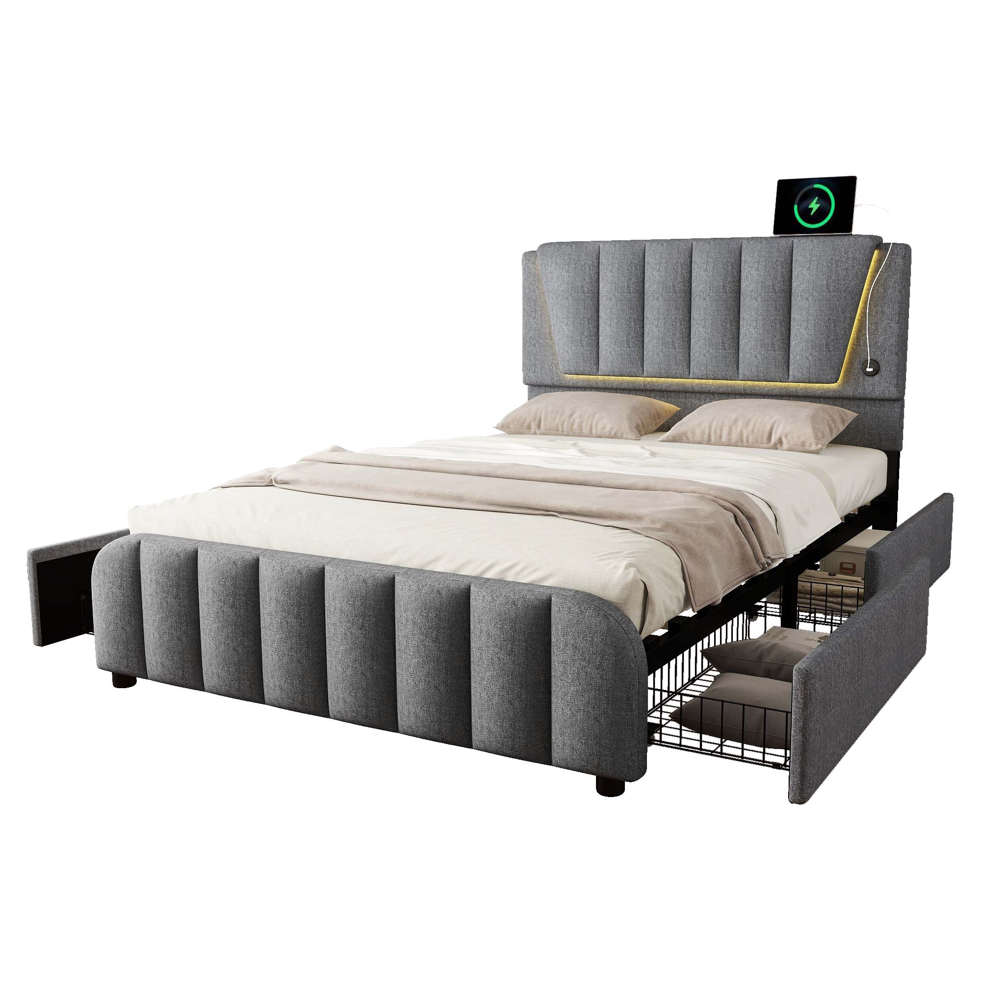 Logidon gestoffeerd bed 140x200 grijs met lattenbodem vier laden