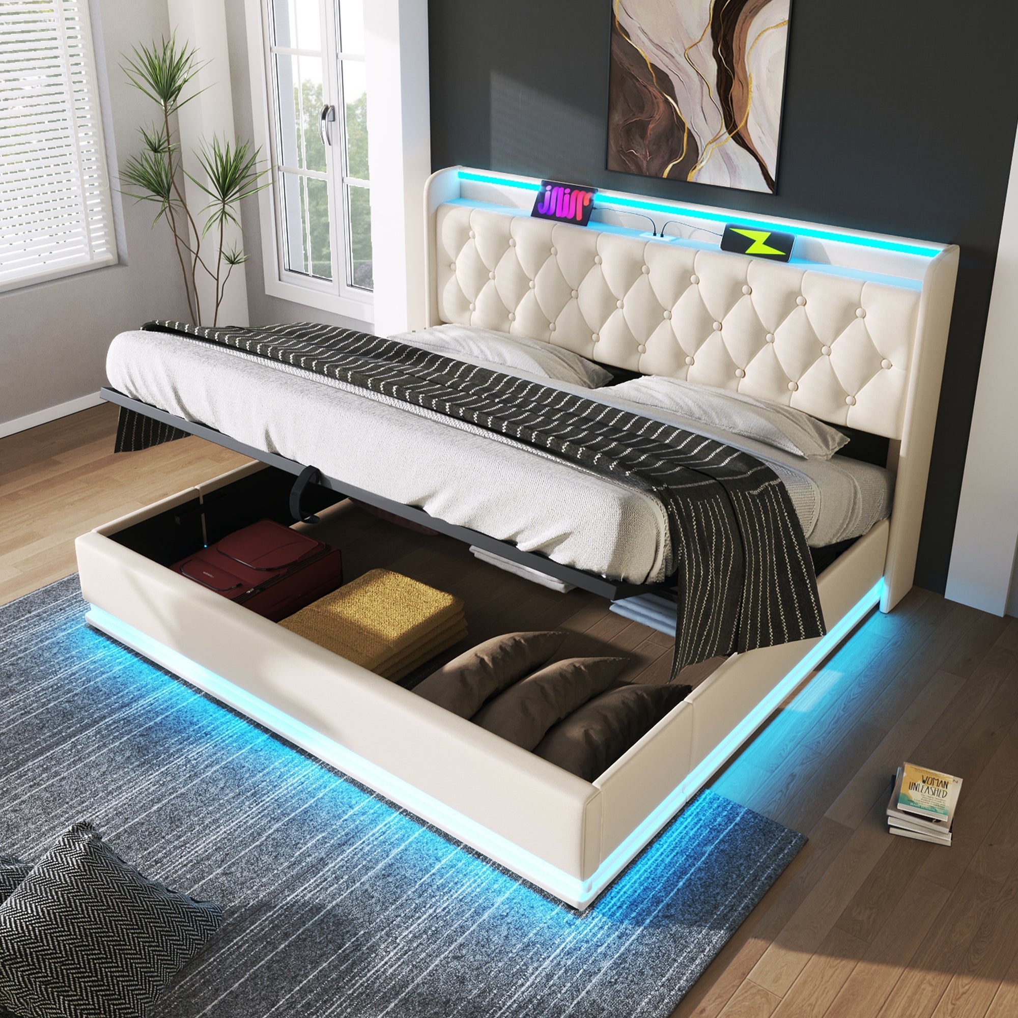 Logidon gestoffeerd bed tweepersoonsbed 180x200 cm wit PU, 360 surround LED