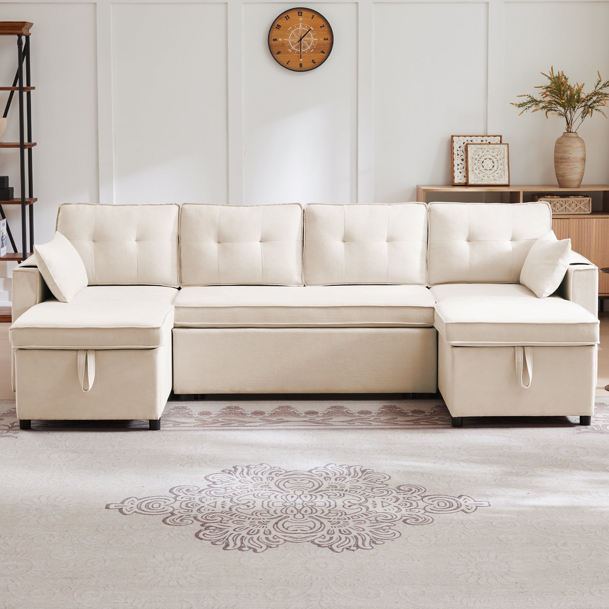 Logidon U-vormige slaapbank, beige stof, grote 4-zits bekerhouder