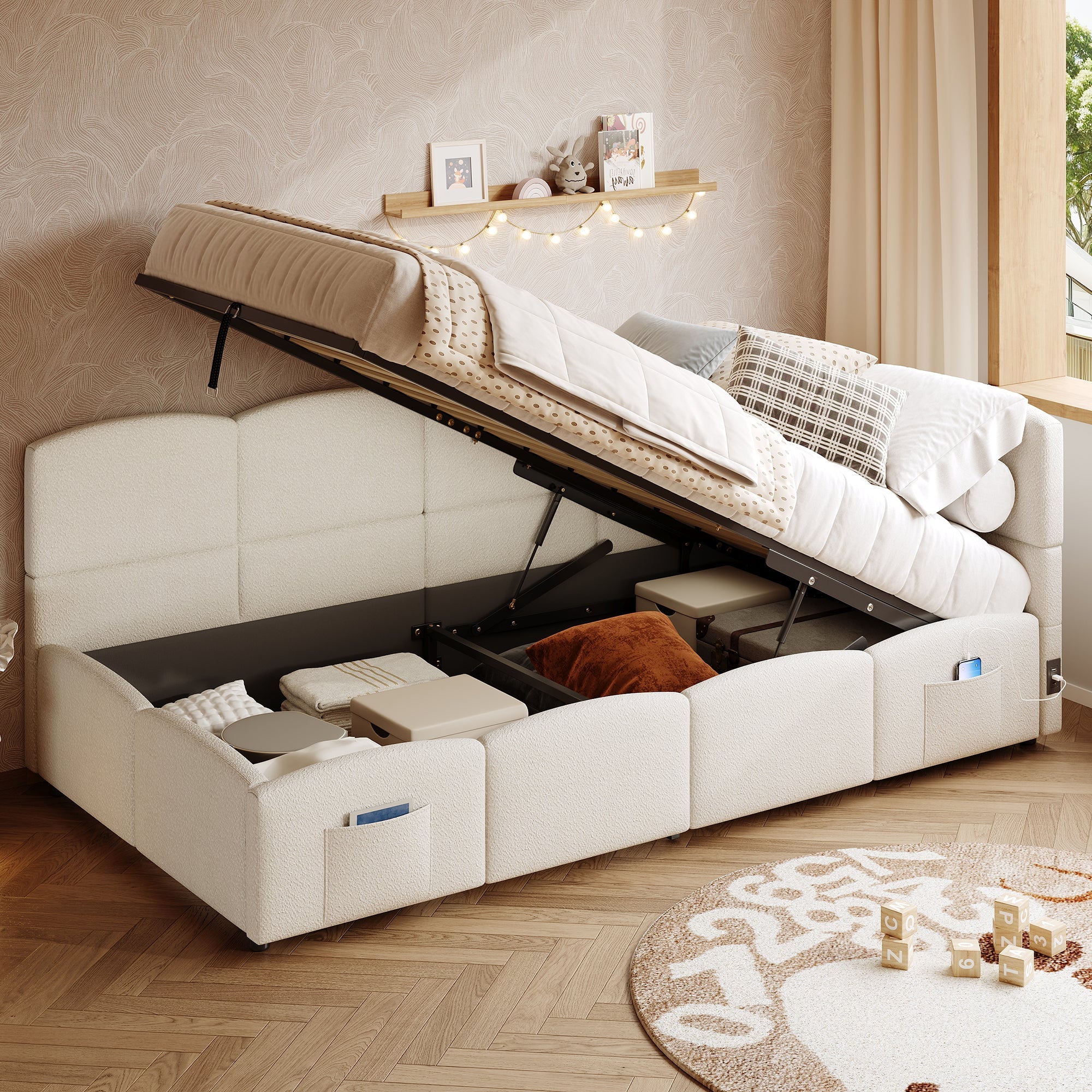 Logidon gestoffeerd bed 90x200 opbergbed slaapbank beige bouclé USB